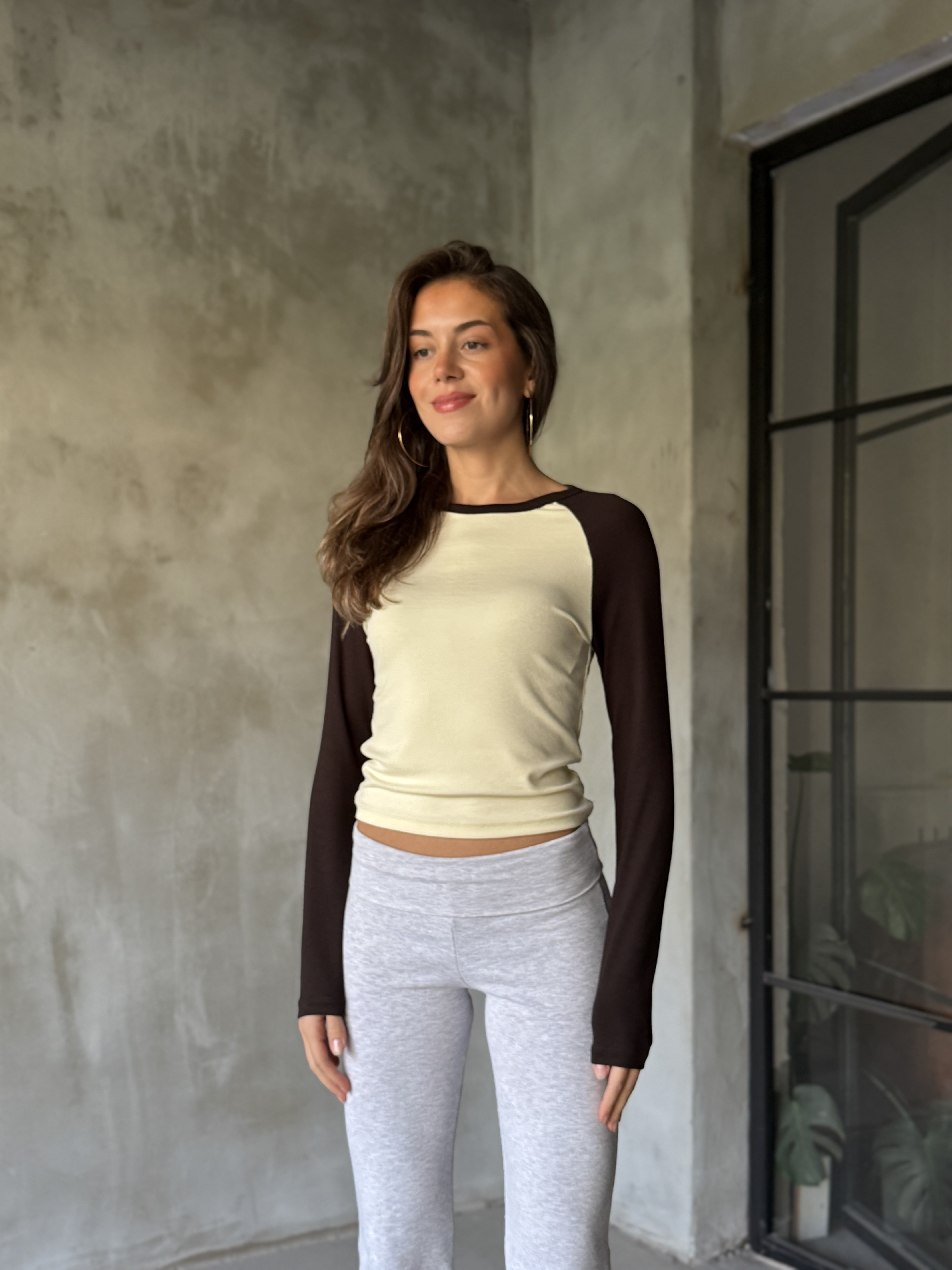 Uzun Reglan Kol Bluz Kahve Sarı - Dominatrend