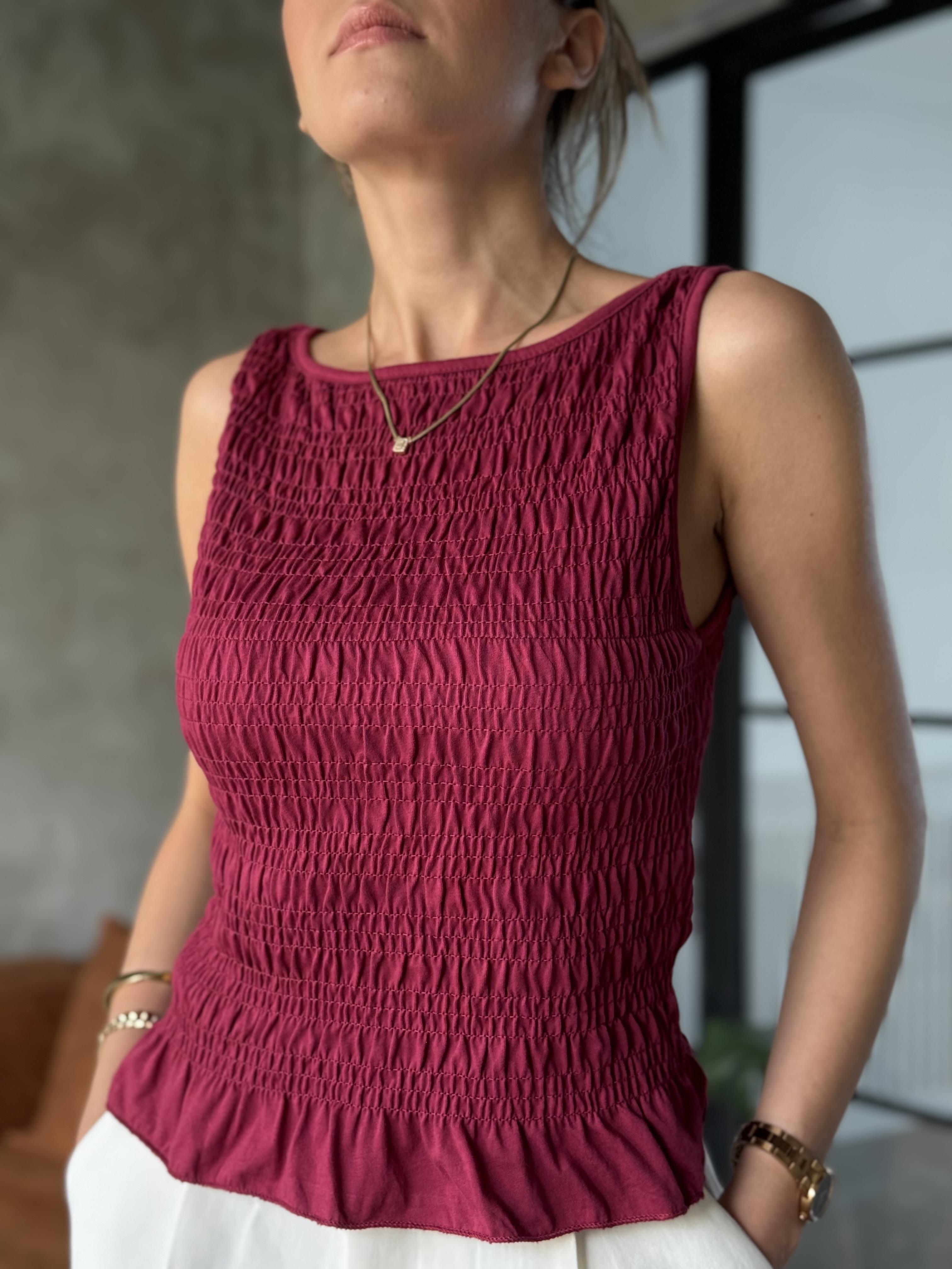 Volanlı Likralı Bluz - Bordo - Dominatrend
