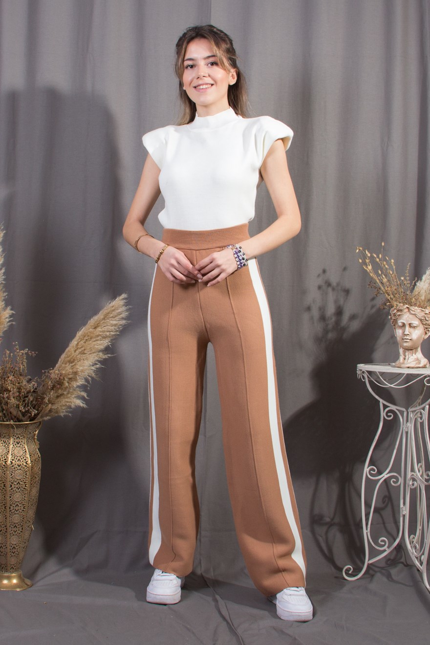 Yanı Şeritli Triko Pantolon - Kahverengi - Dominatrend