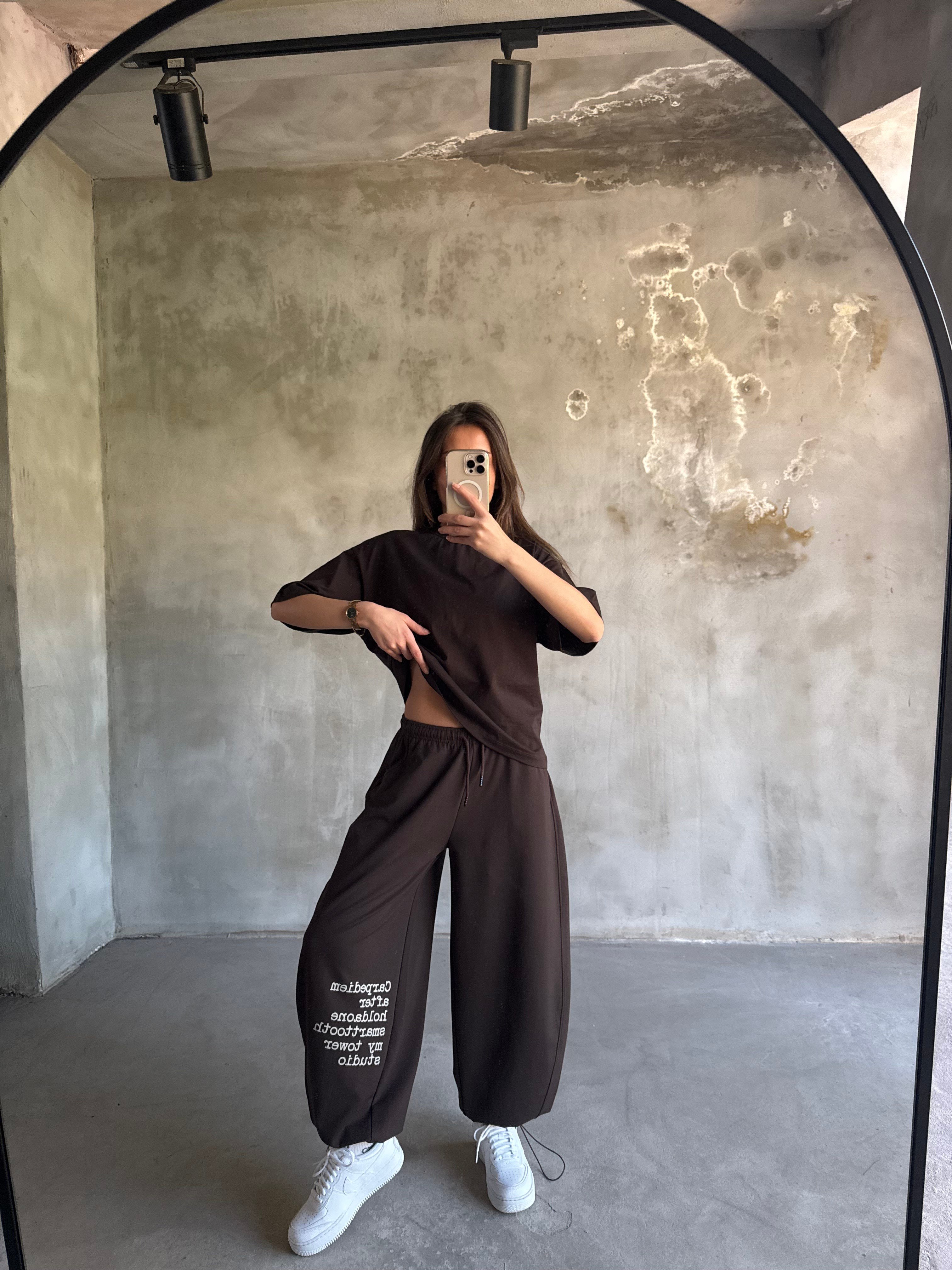 Yazı Baskılı Oversize Stoperli Takım - Kahverengi - Dominatrend
