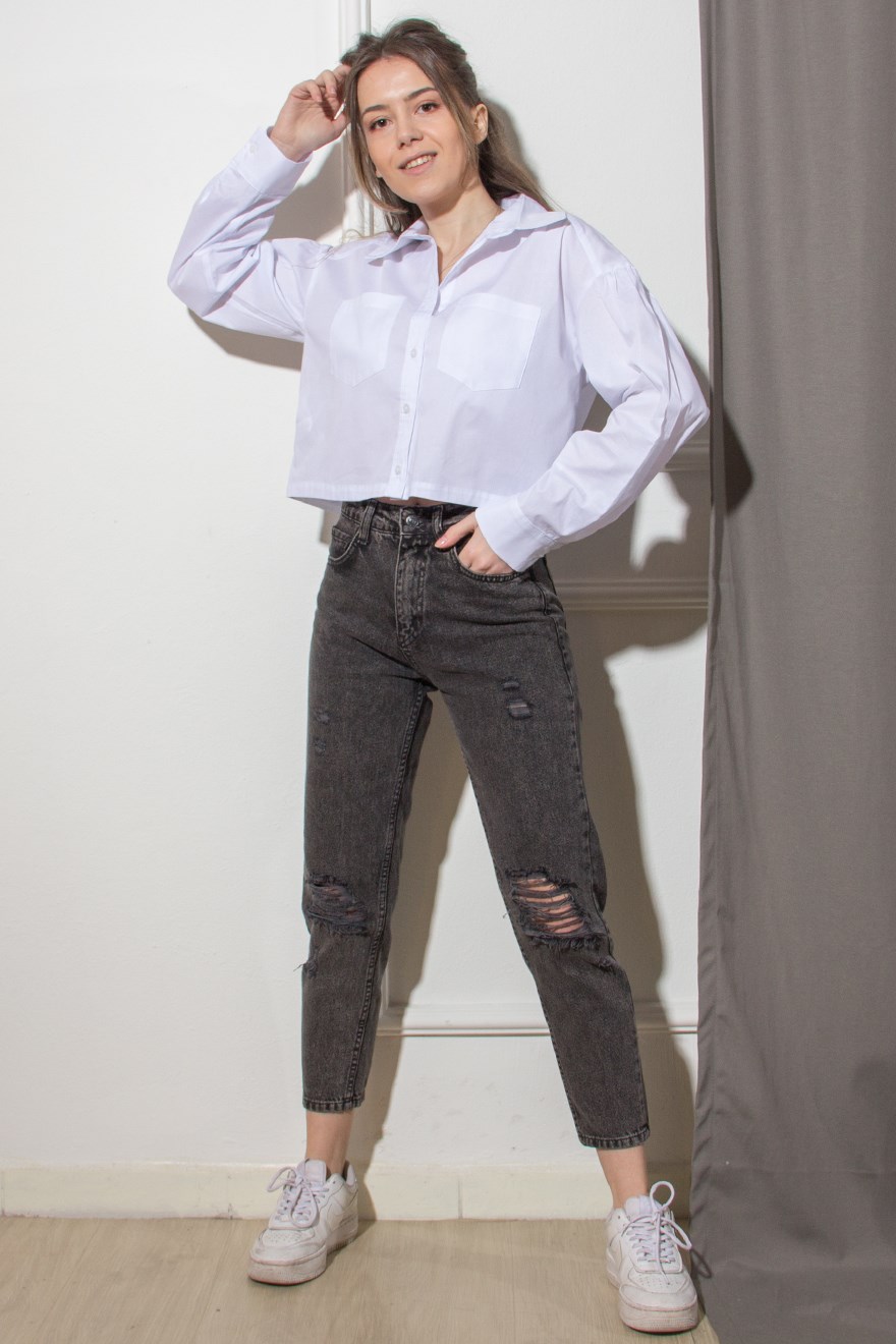 Yırtık Mom Jean - Antrasit - Dominatrend