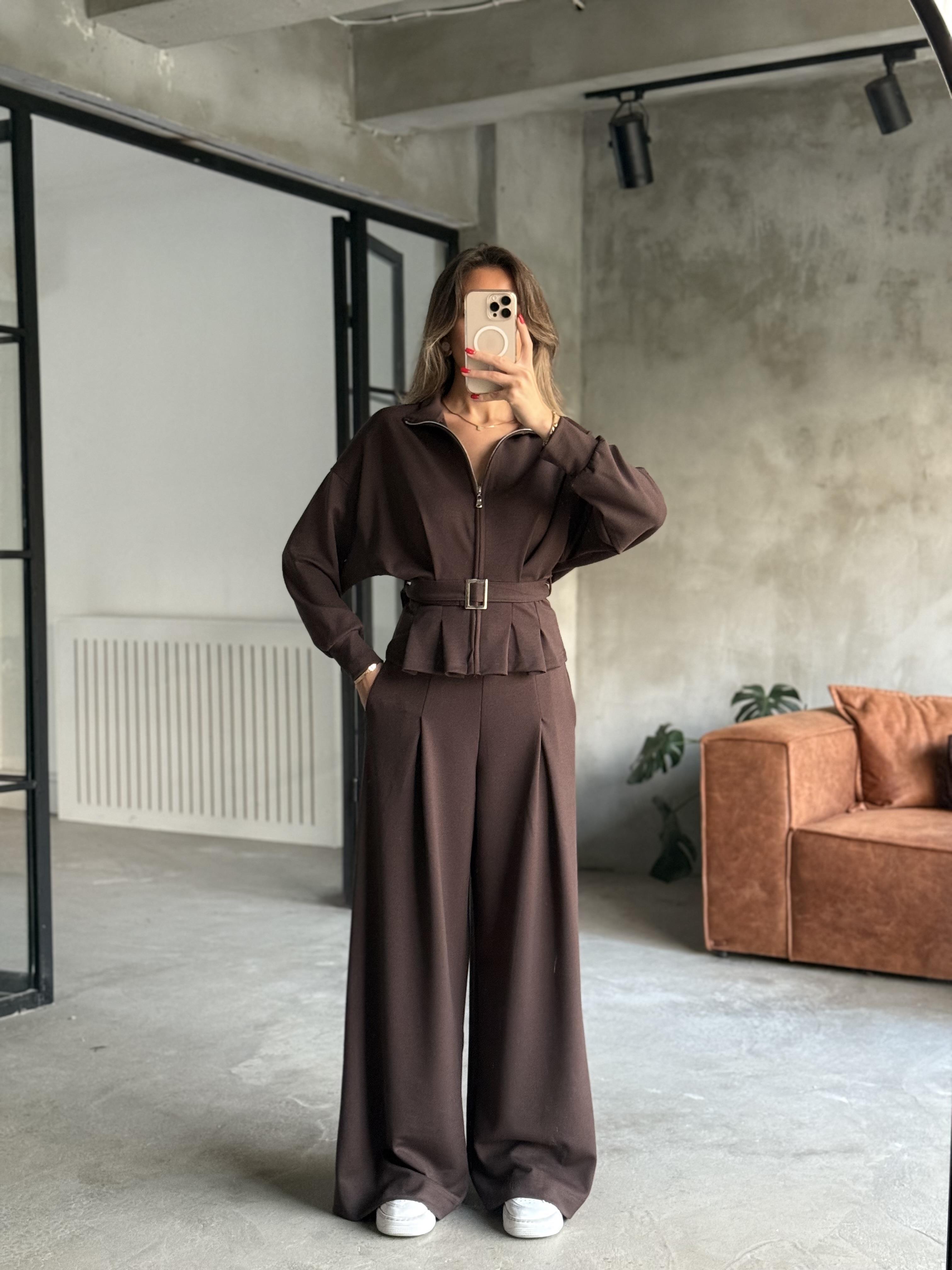 Yumuşak Dokunuşlu Modal Kemerli Takım - Kahverengi - Dominatrend