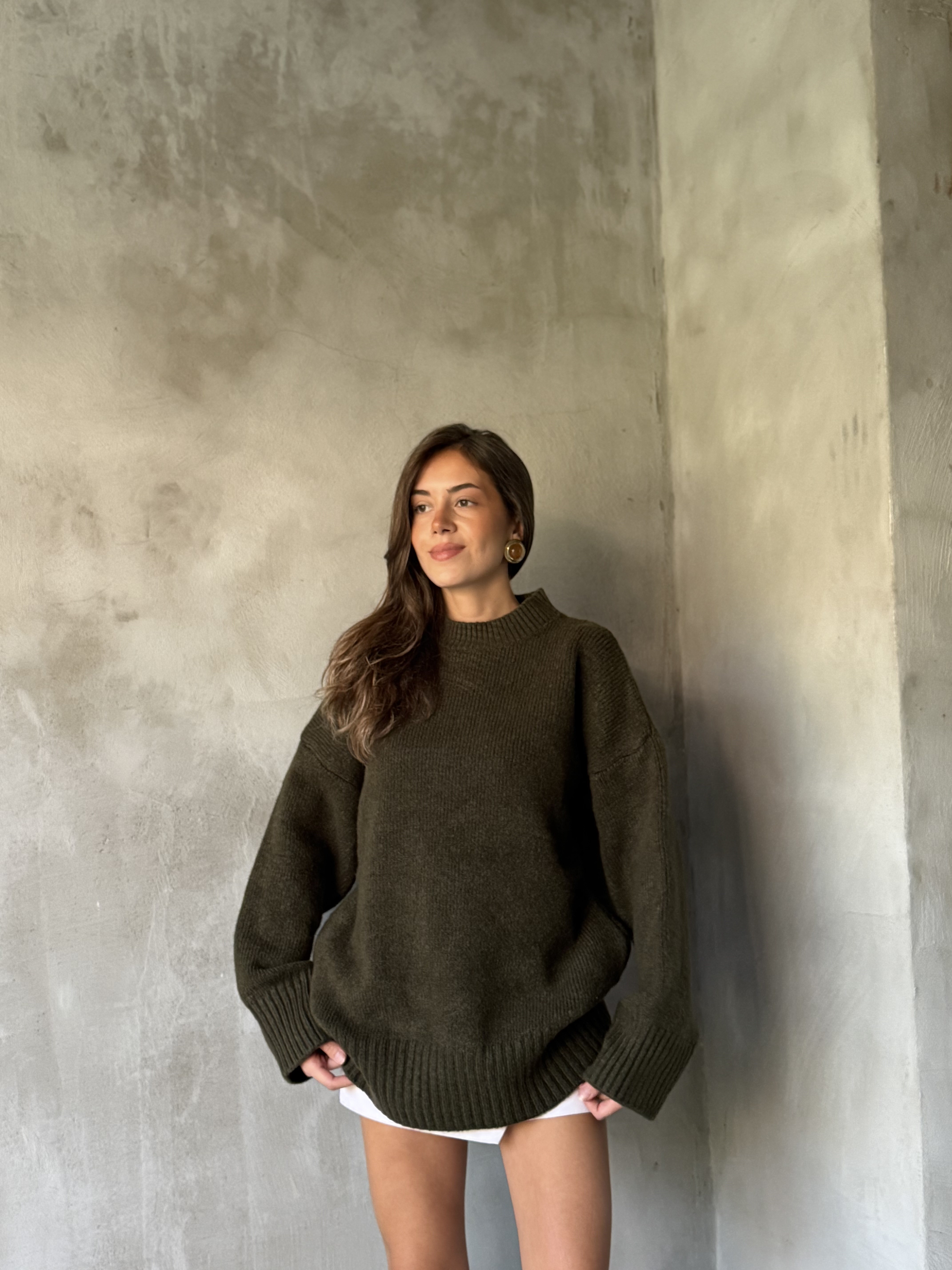 Yün Basic Oversize Bisiklet Yaka Kazak - Haki - Dominatrend