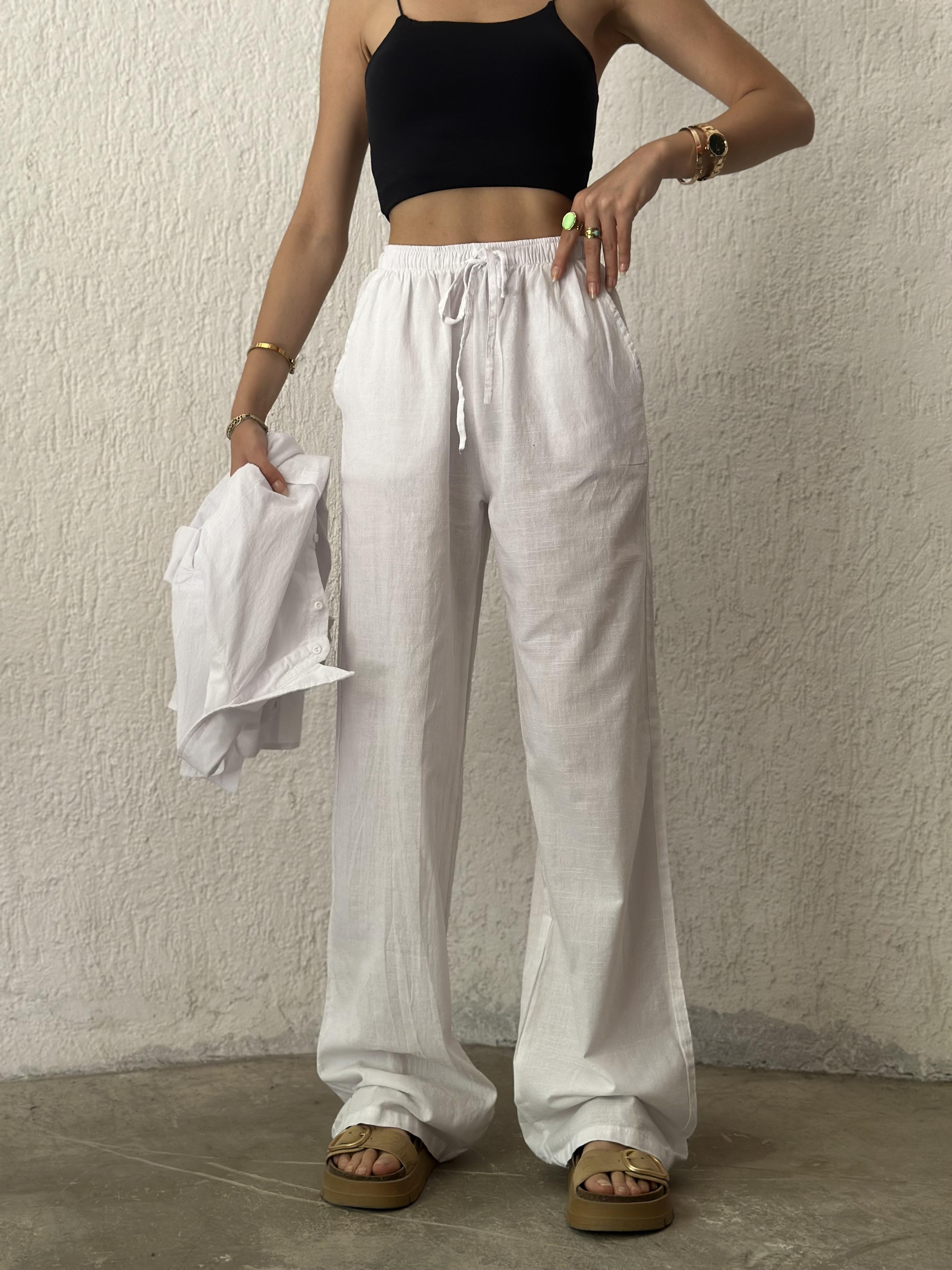 ZR Keten Straight Pantolon - Beyaz - Dominatrend