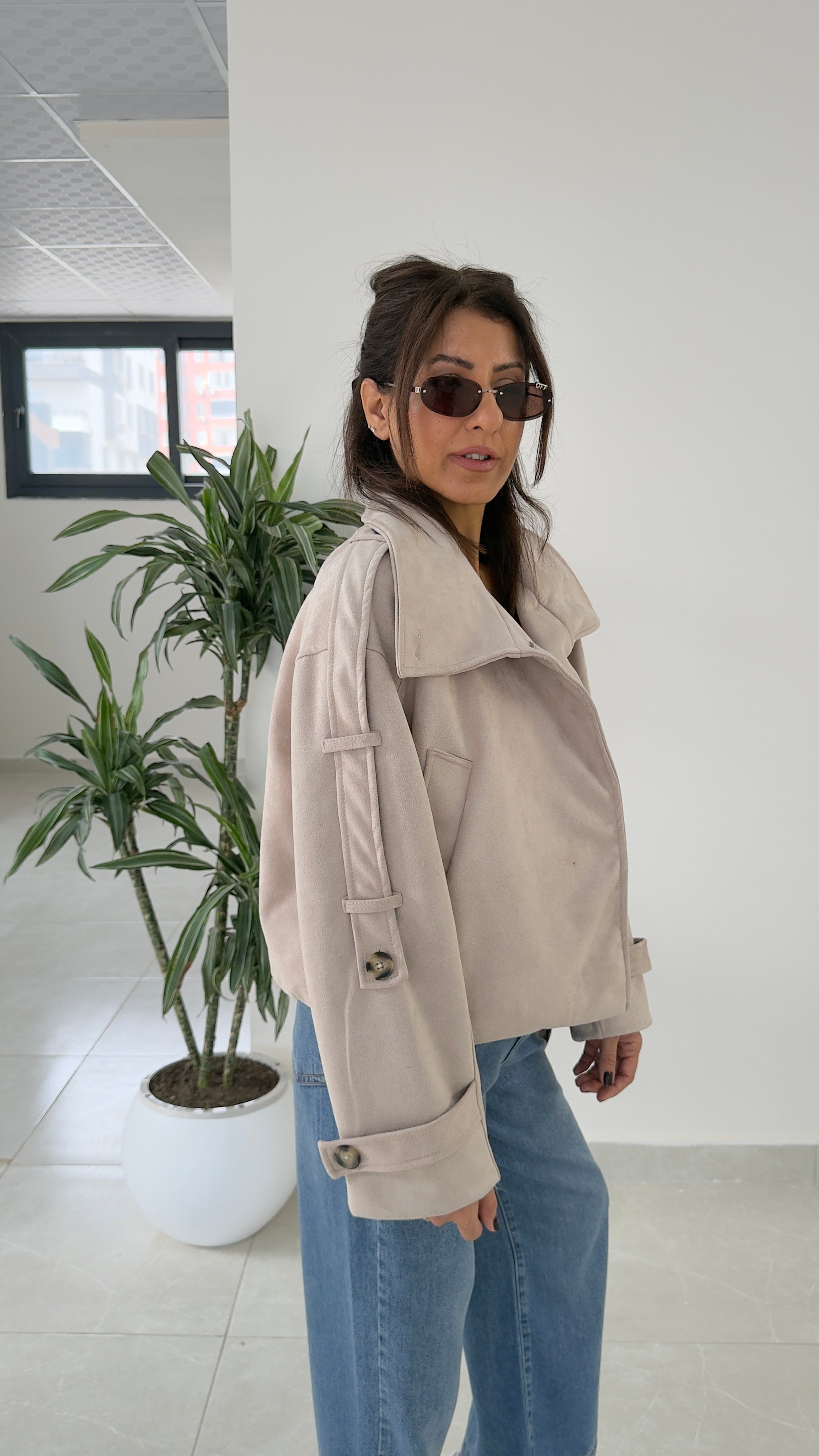  Dik Yaka Süet Oversize Ceket Bej 