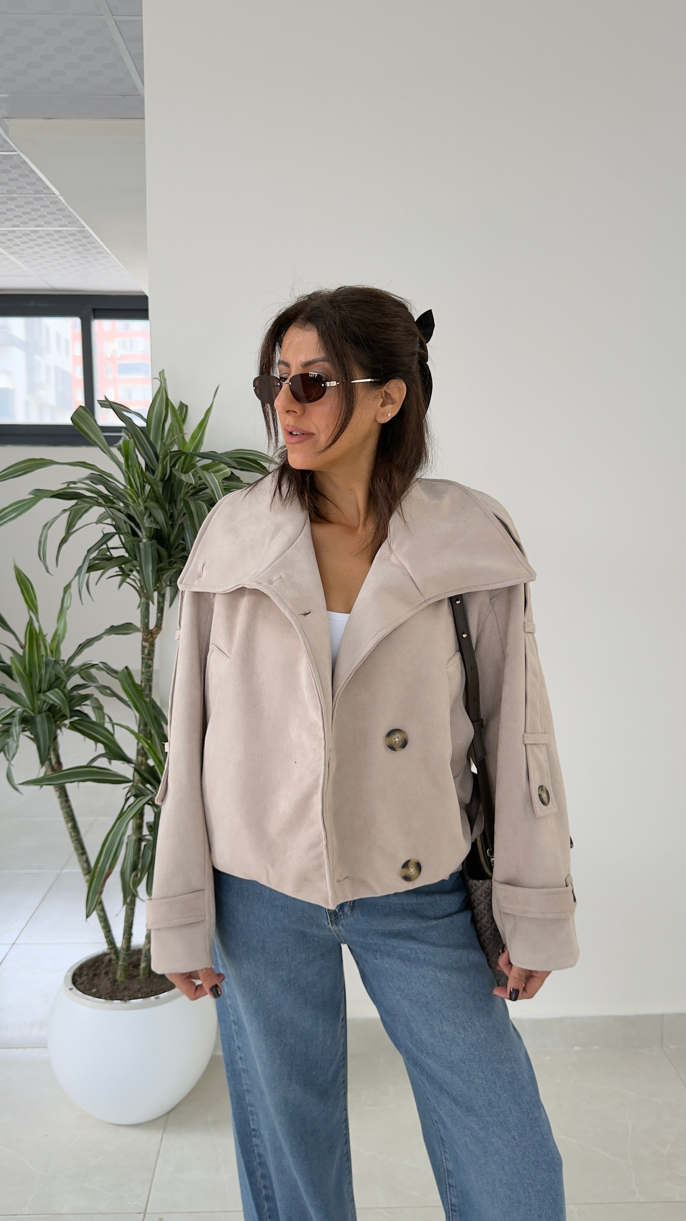  Dik Yaka Süet Oversize Ceket Bej 