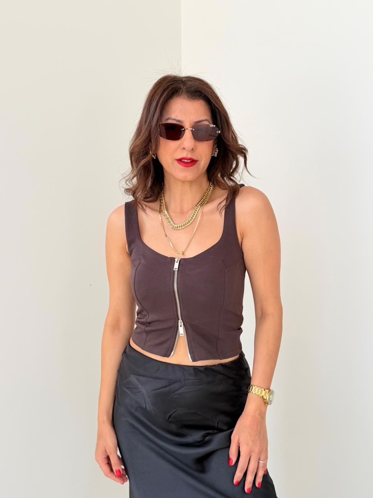  Fermuarlı Korse Top Koyu Kahve