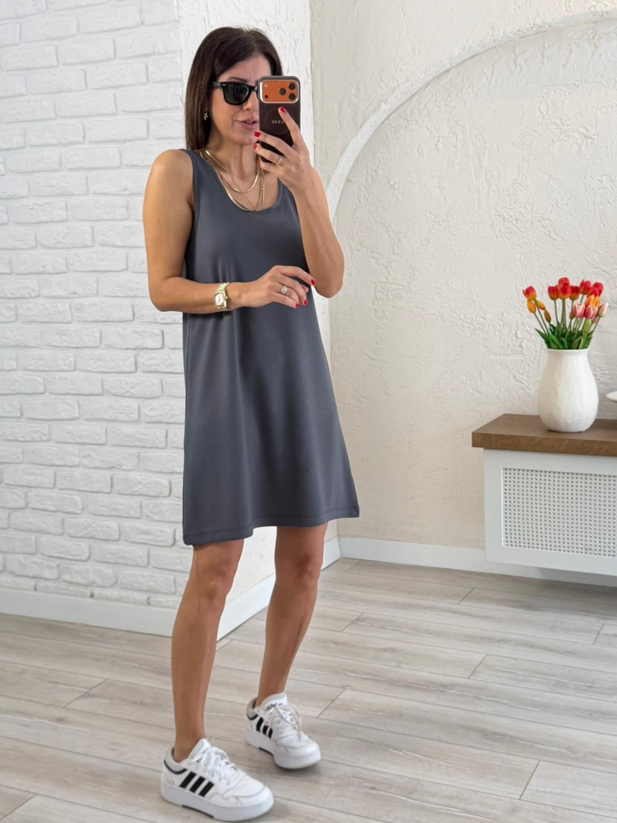  U Yaka Kalın Askılı Modal Elbise Antrasit 