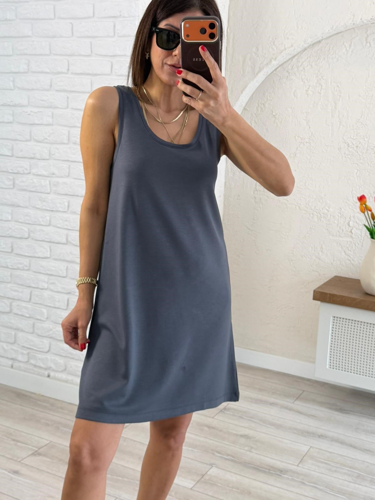  U Yaka Kalın Askılı Modal Elbise Antrasit 