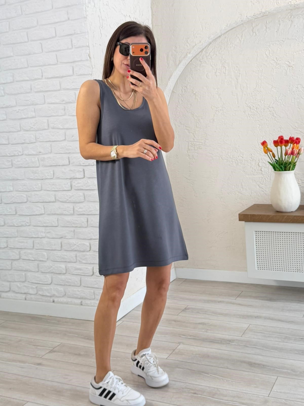  U Yaka Kalın Askılı Modal Elbise Antrasit 