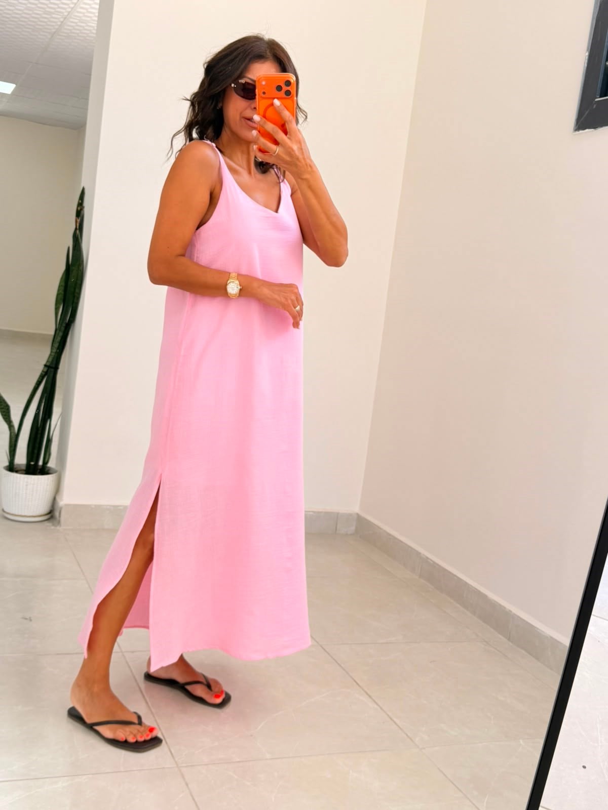 Askı Ayarlı Oversize Müslin Elbise Pembe 