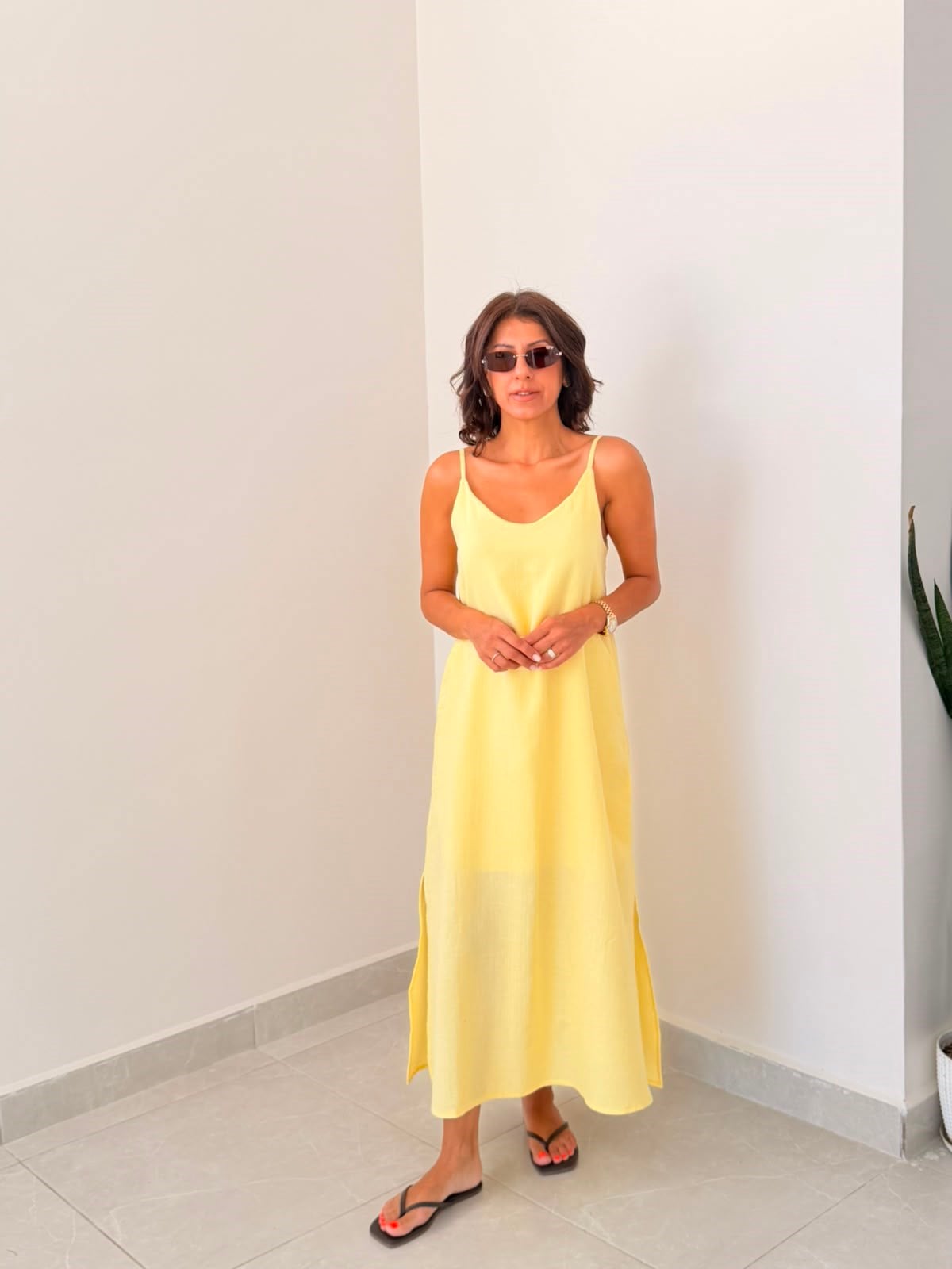 Askı Ayarlı Oversize Müslin Elbise Sarı 