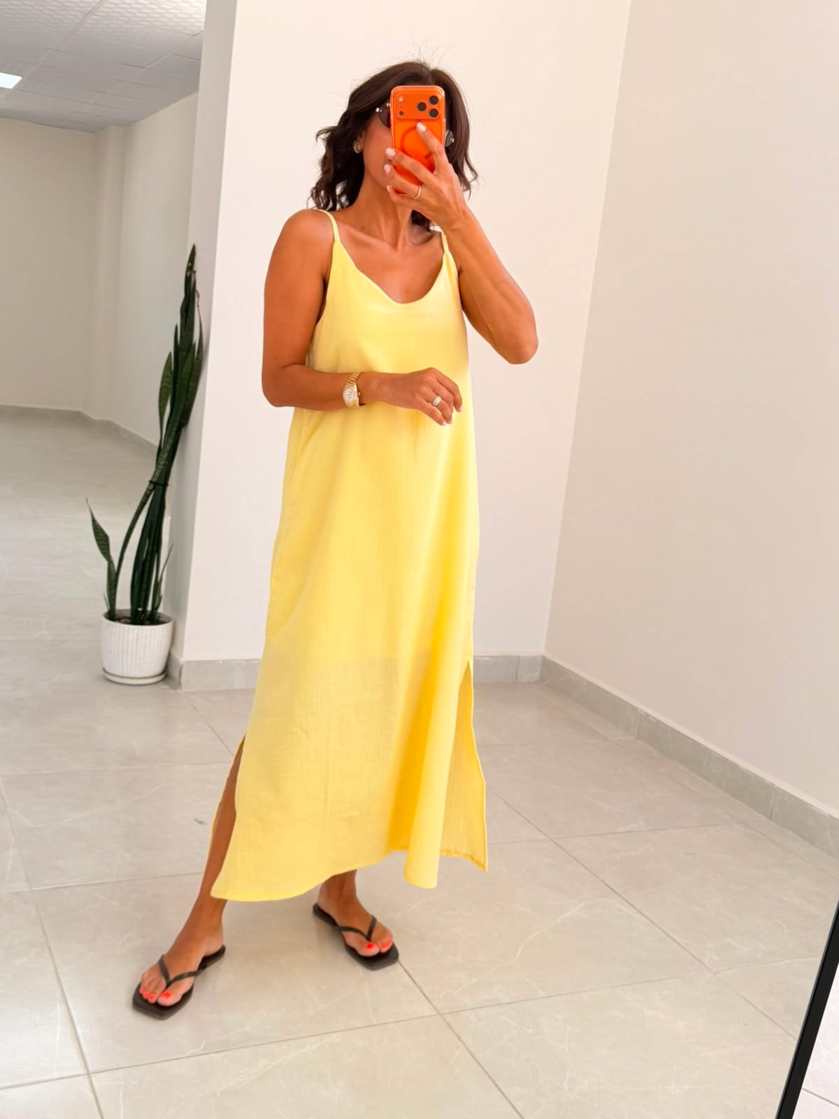 Askı Ayarlı Oversize Müslin Elbise Sarı 