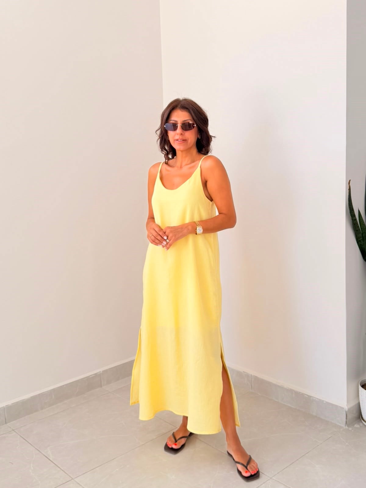 Askı Ayarlı Oversize Müslin Elbise Sarı 