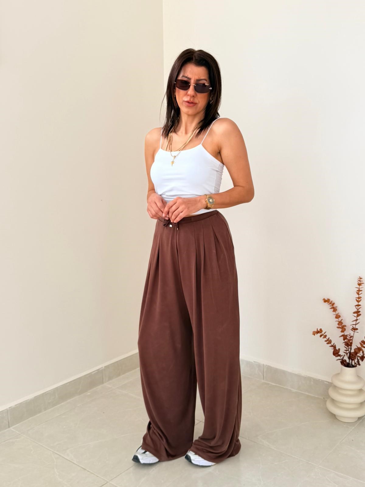 Bel Bağcıklı İnce Bel Detaylı Modal Bol Paça Pantolon Kahve