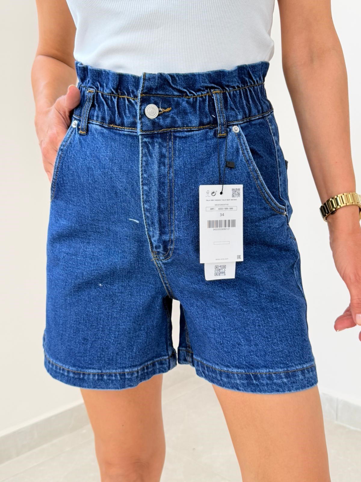 Bel Lastik Detaylı Duble Paça Jean Şort Mavi