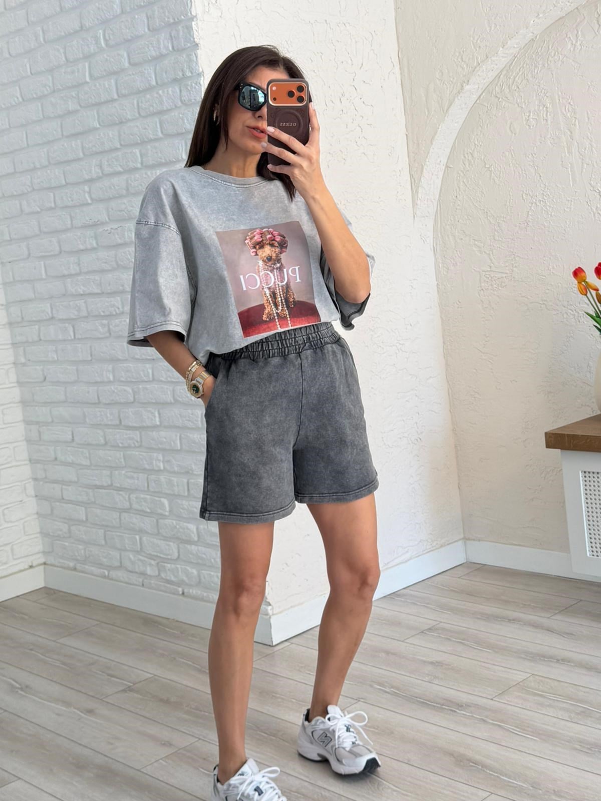 Bel Lastikli Cepli Eskitme Şort Antrasit