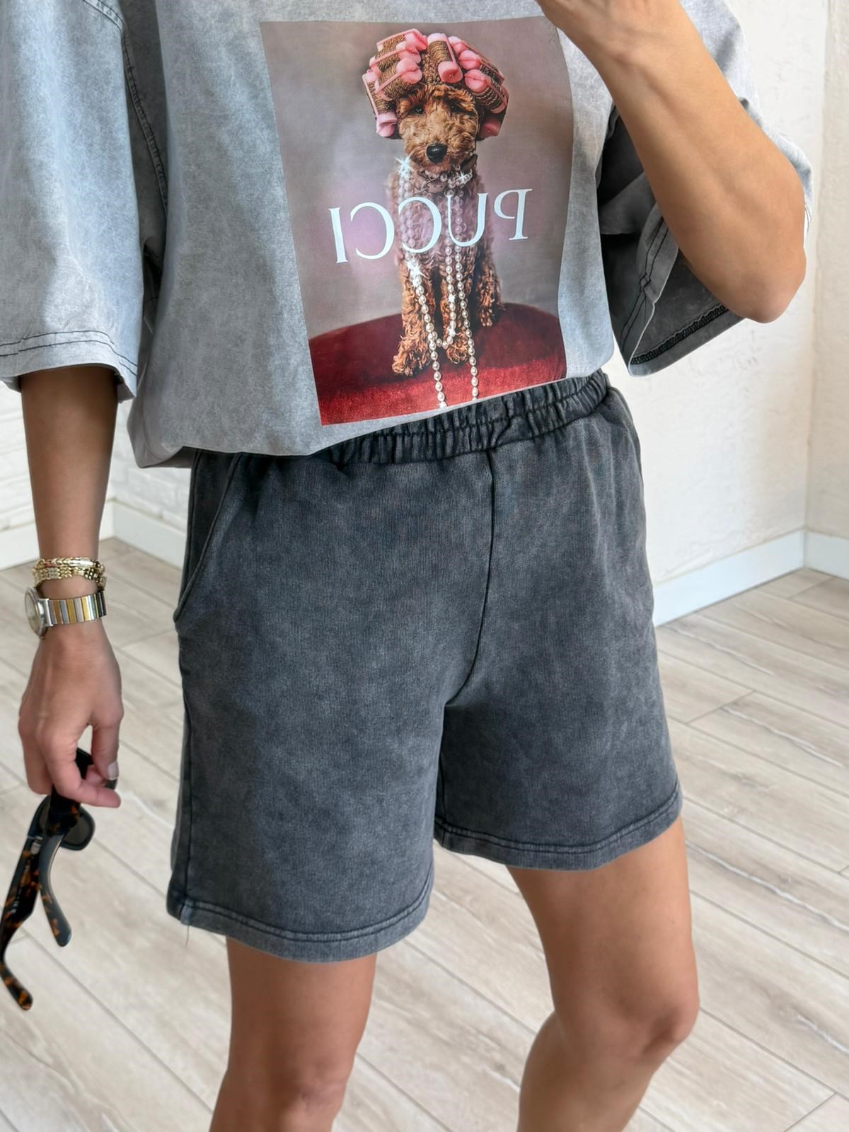 Bel Lastikli Cepli Eskitme Şort Antrasit