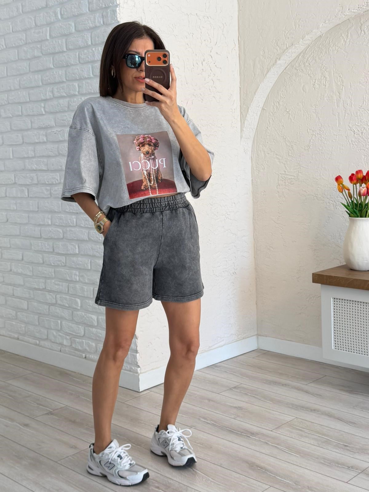 Bel Lastikli Cepli Eskitme Şort Antrasit