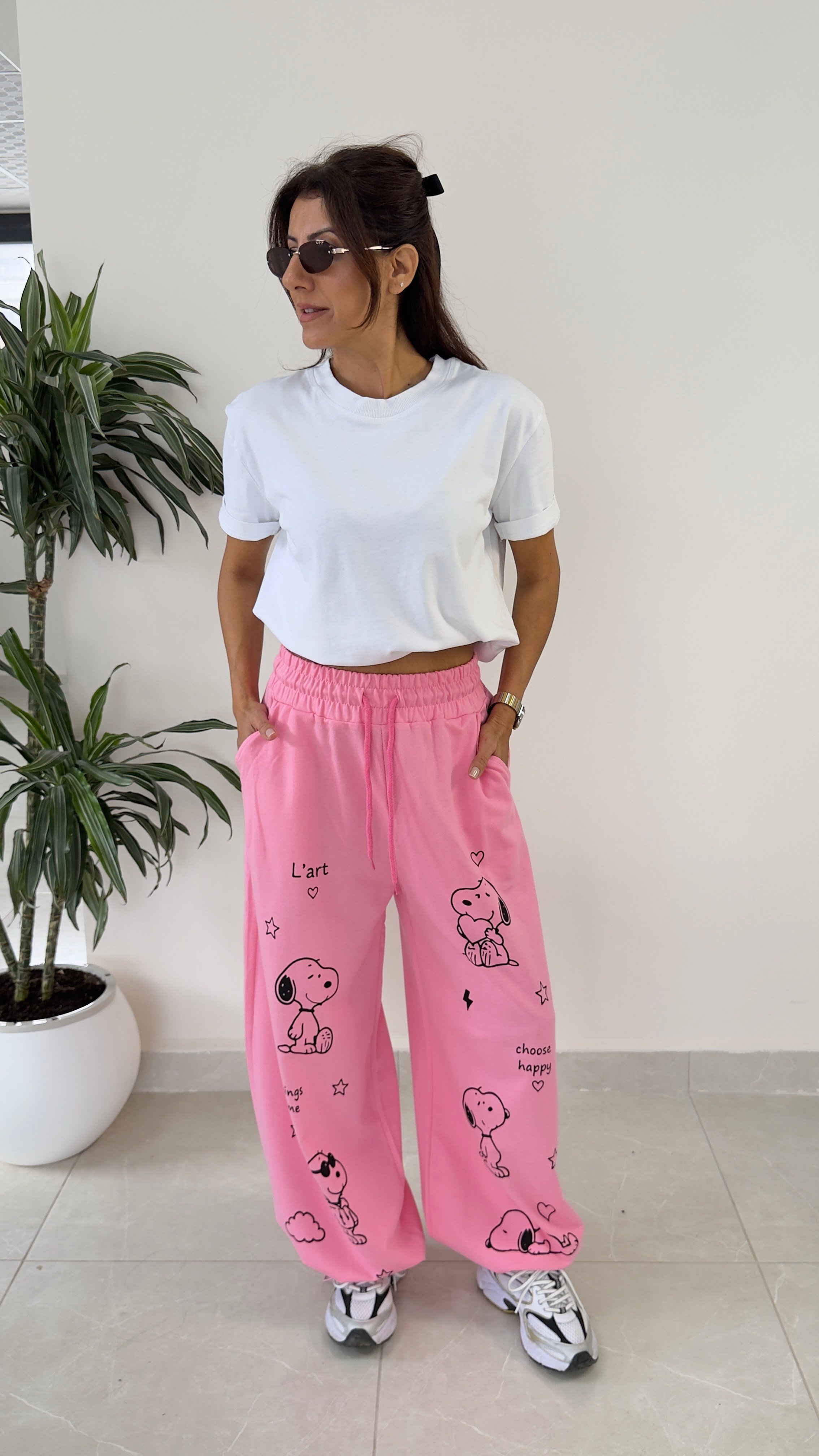 Bel Lastikli Paça Ayarlanabilir Snoopy Eşofman Altı Pembe