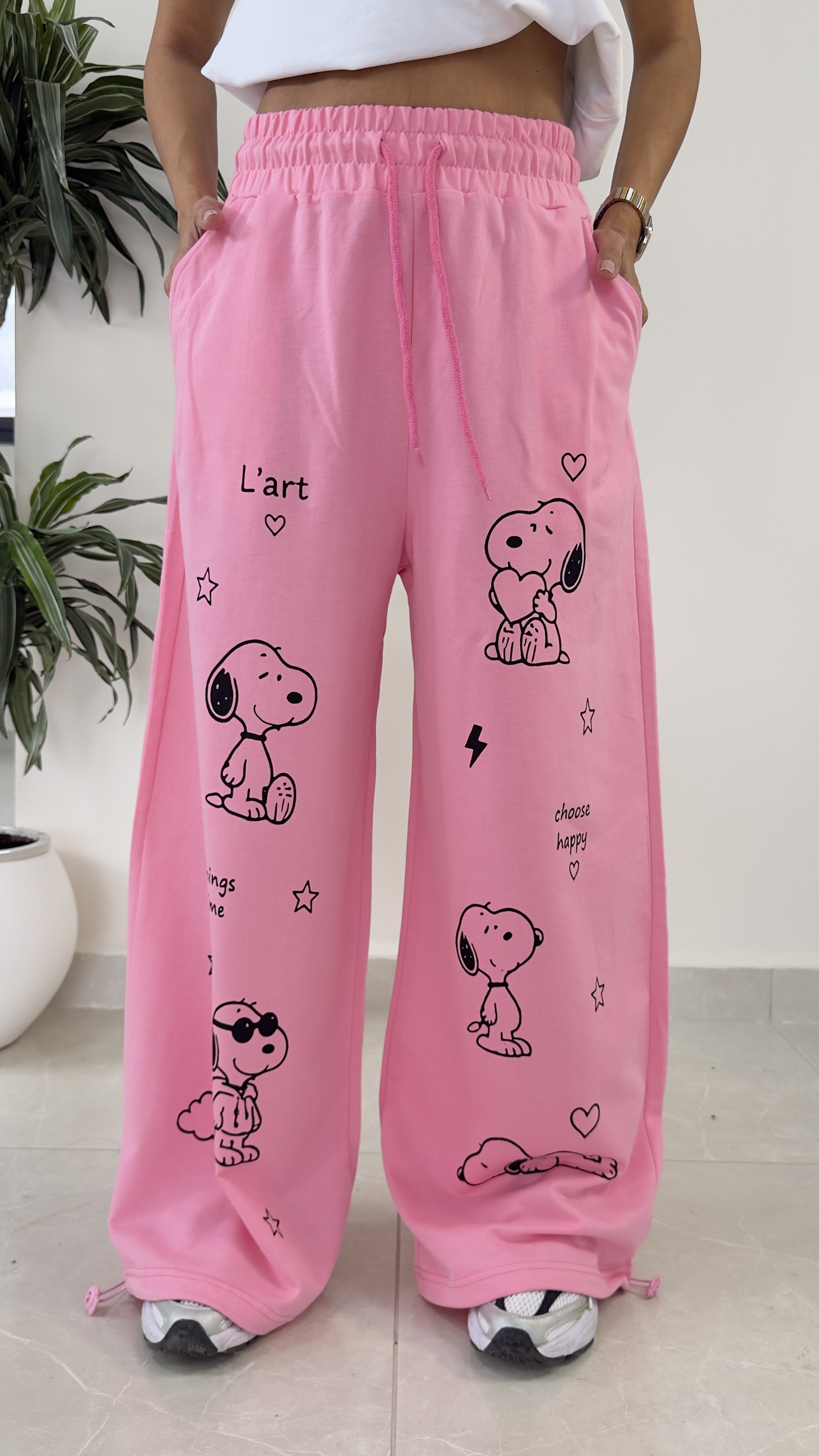Bel Lastikli Paça Ayarlanabilir Snoopy Eşofman Altı Pembe