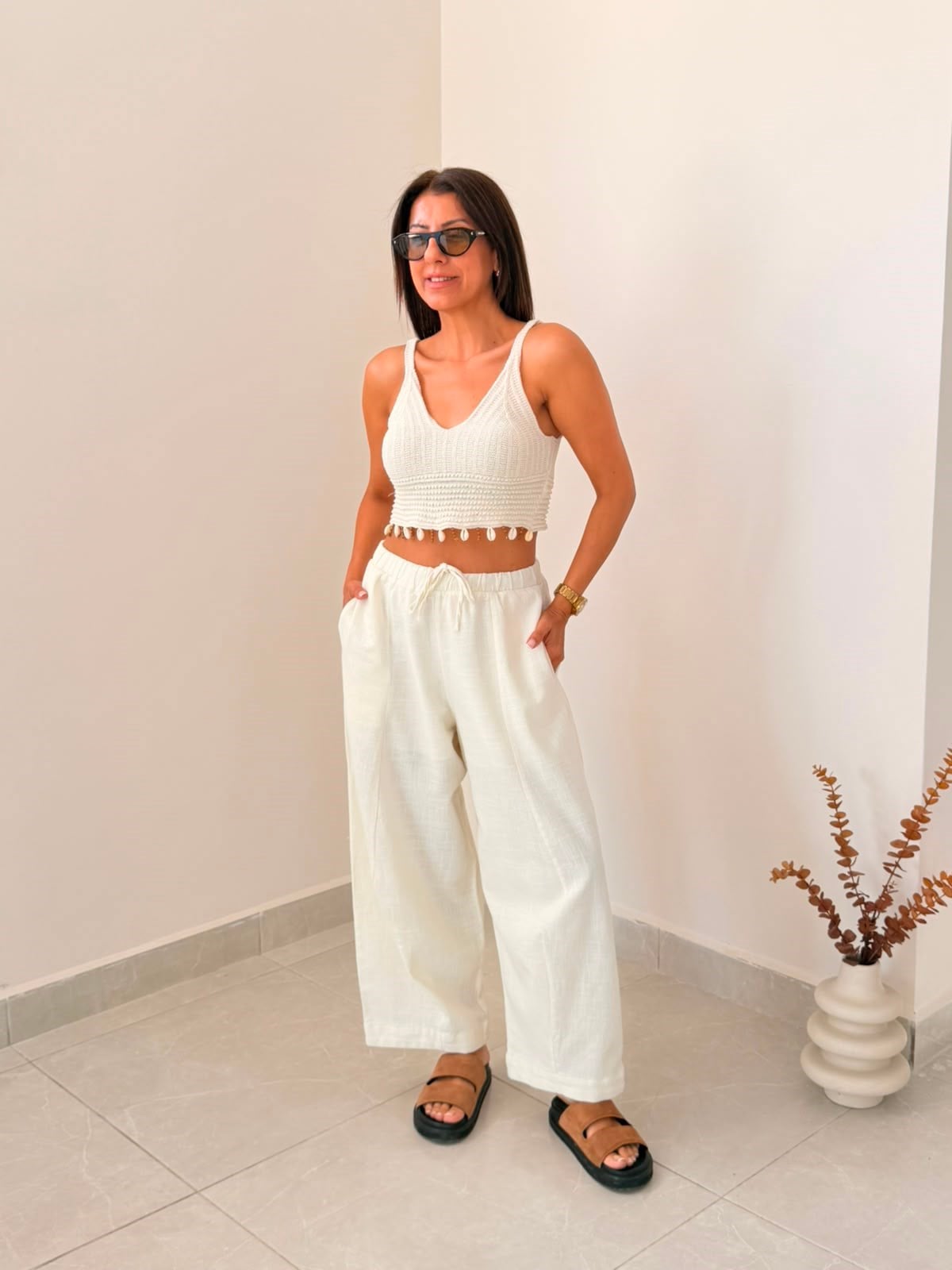 Bel Lastikli Pamuklu Keten Barrel Fit Pantolon Ekru