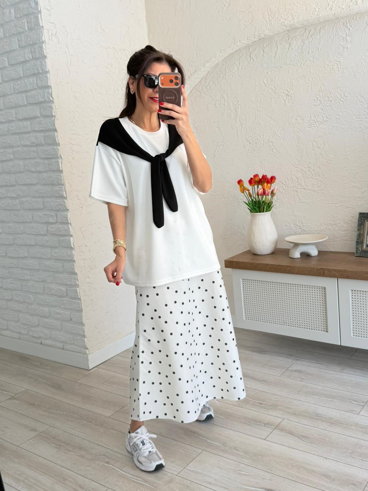 Bel Lastikli Puantiyeli Saten Etek Ekru