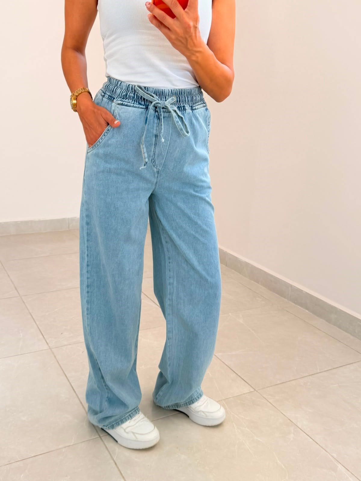 Beli Lastikli İnce Kot Kumaş  Palazzo 