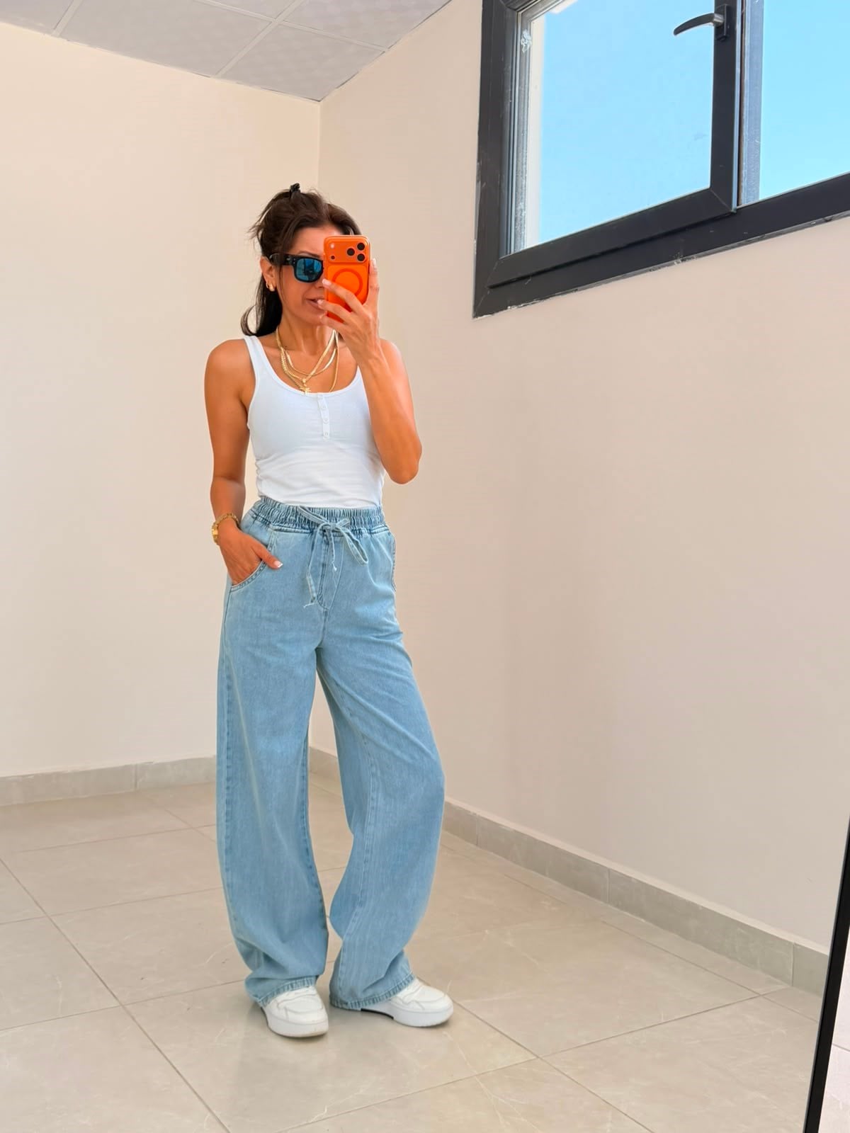 Beli Lastikli İnce Kot Kumaş  Palazzo 