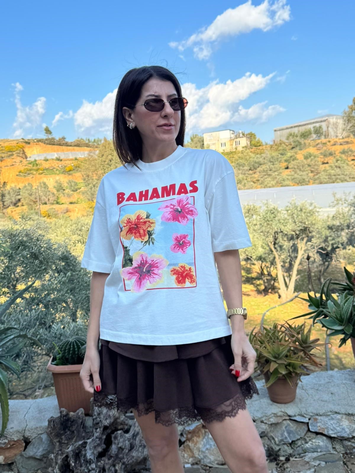 Bisiklet Yaka Bahamas Baskı Oversıze Tişört Ekru
