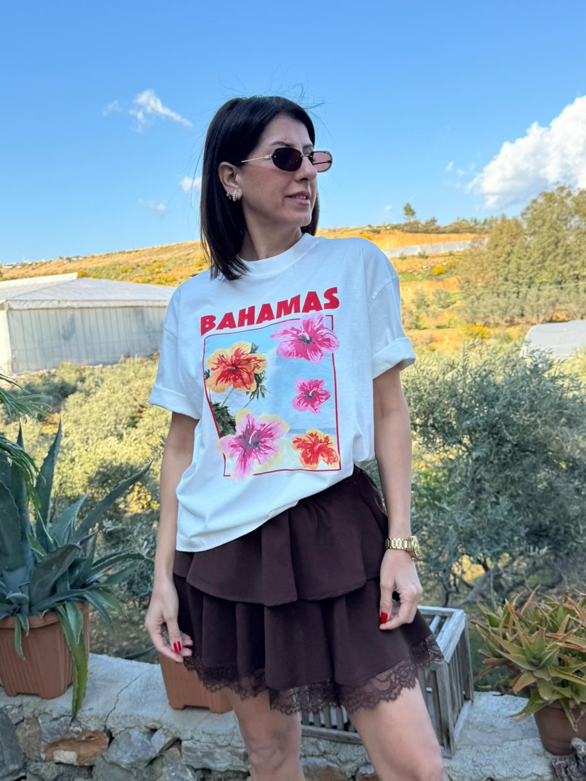 Bisiklet Yaka Bahamas Baskı Oversıze Tişört Ekru