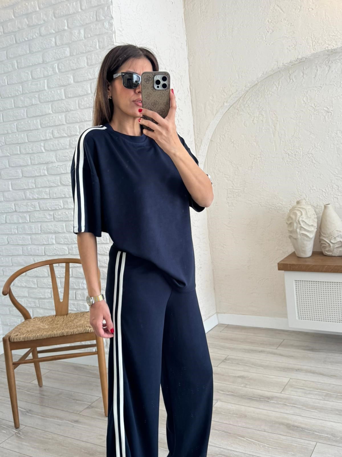 Bisiklet Yaka Çift Şeritli Modal Kumaş Takım Lacivert