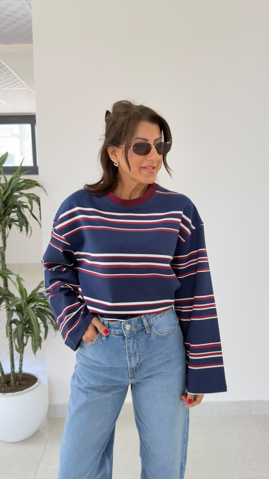 Bisiklet Yaka Geniş Kol Bordo Çizgili Sweat Lacivert