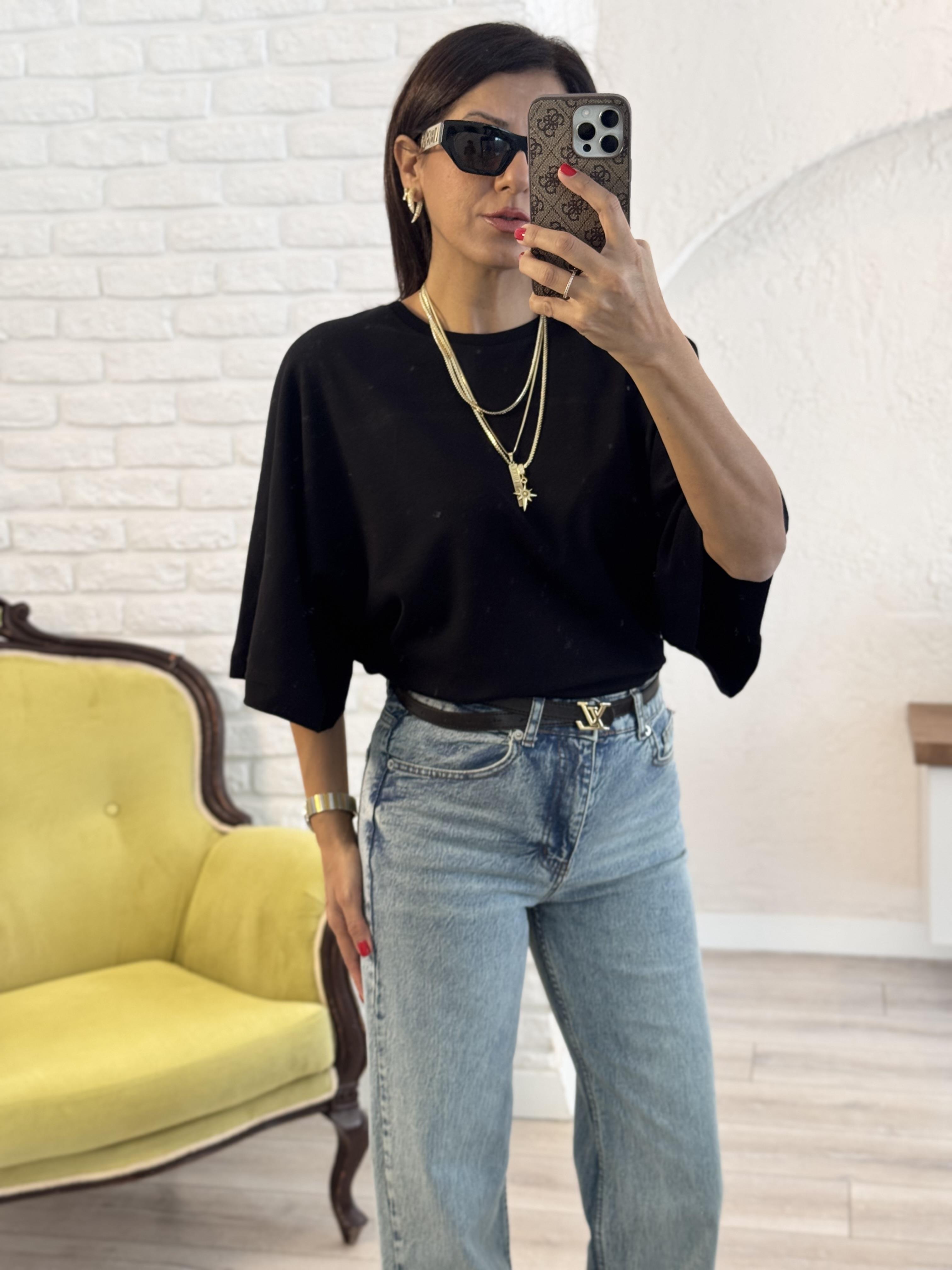 Bisiklet Yaka Geniş Kol Sırt Dikiş Detaylı Tshirt Siyah