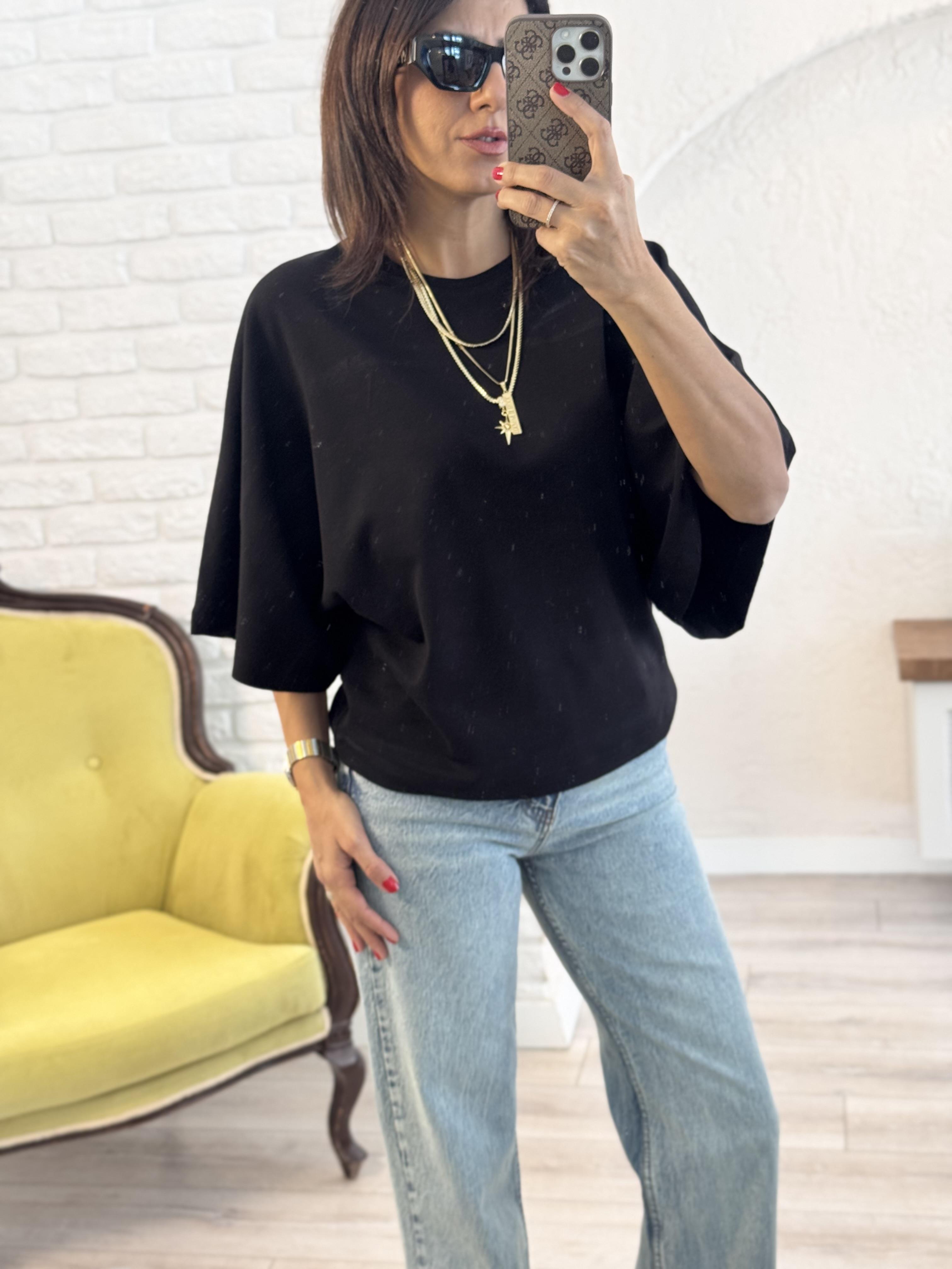 Bisiklet Yaka Geniş Kol Sırt Dikiş Detaylı Tshirt Siyah