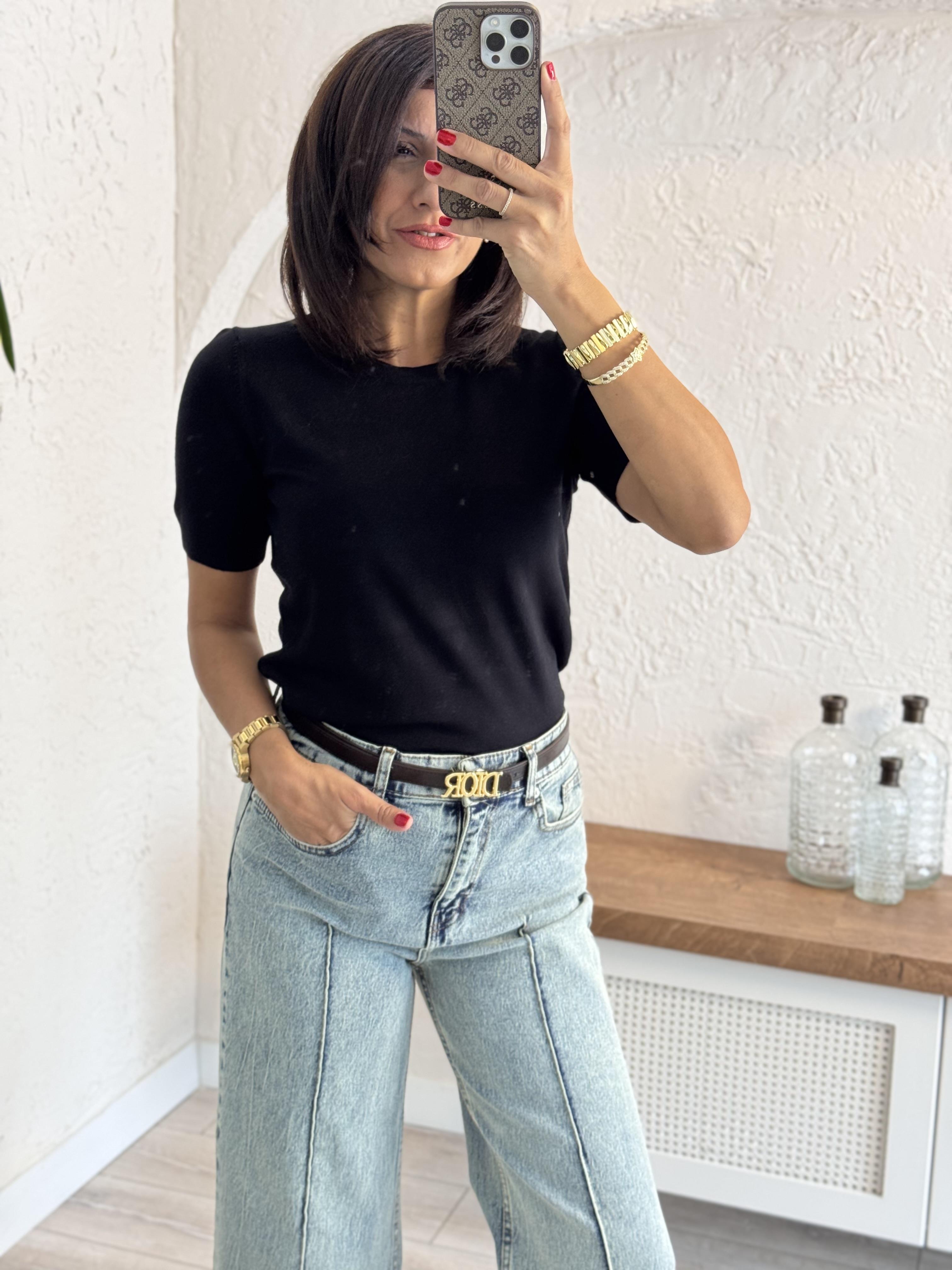 Bisiklet Yaka Kısa kol Basic Triko Bluz Siyah