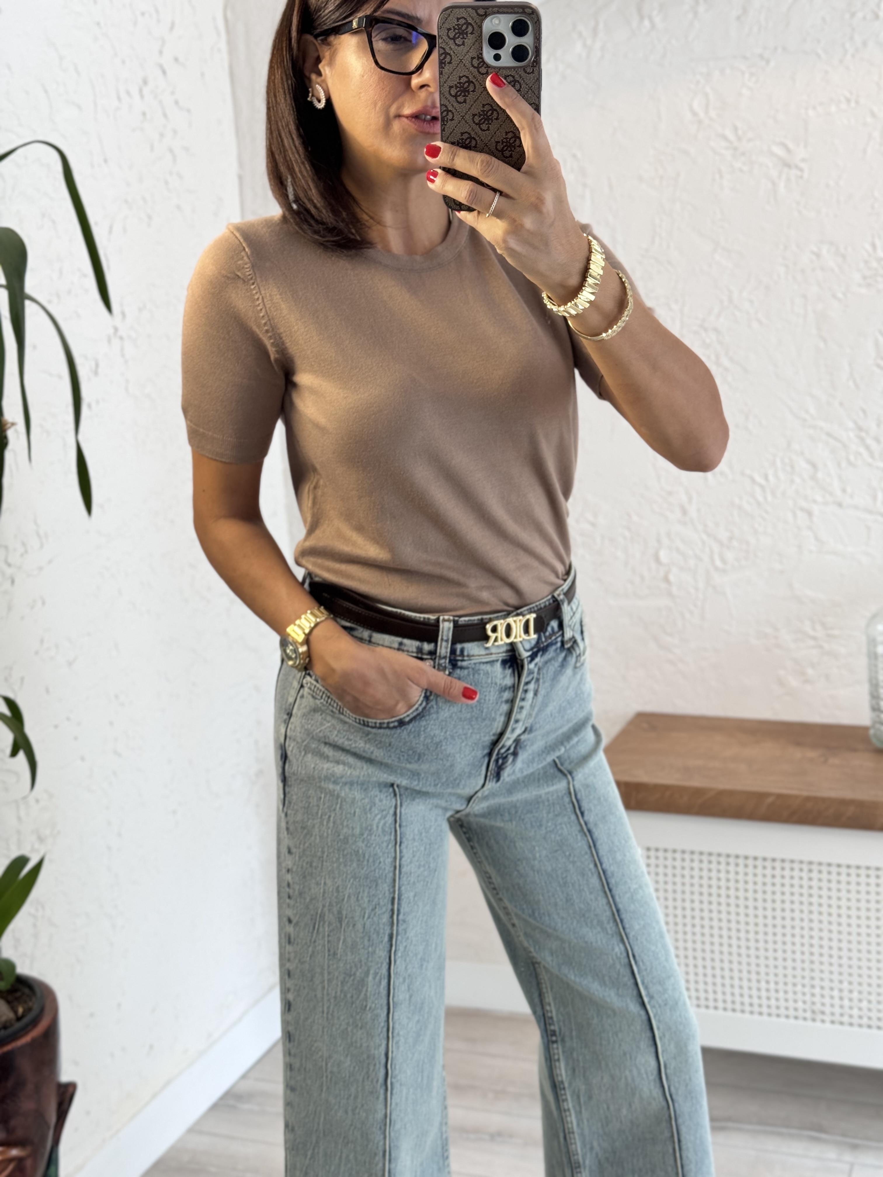 Bisiklet Yaka  Kısa Kol Basic Triko Bluz Koyu Vizon