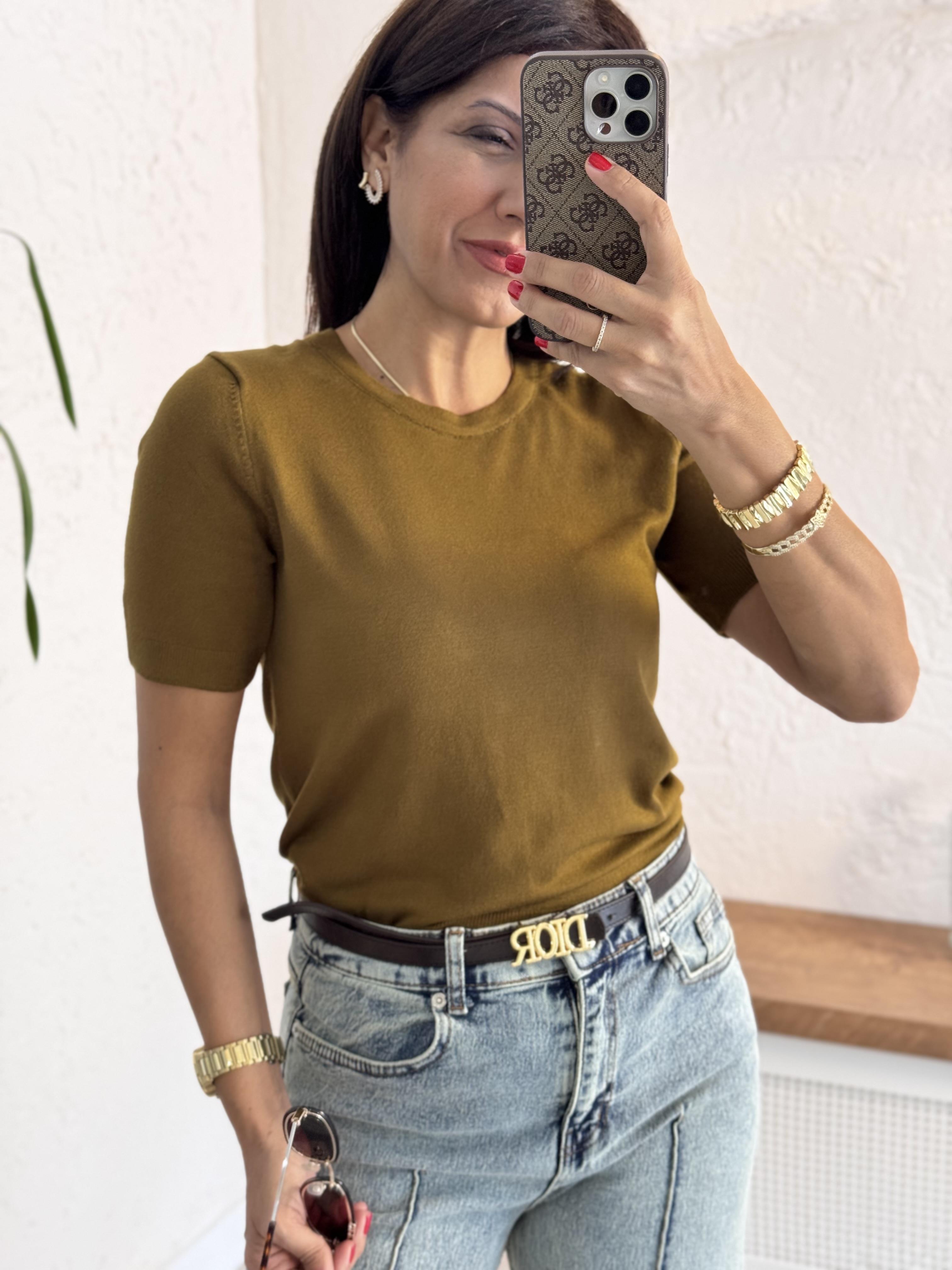 Bisiklet Yaka Kısa Kol Basic Triko Bluz Yağ Yeşili
