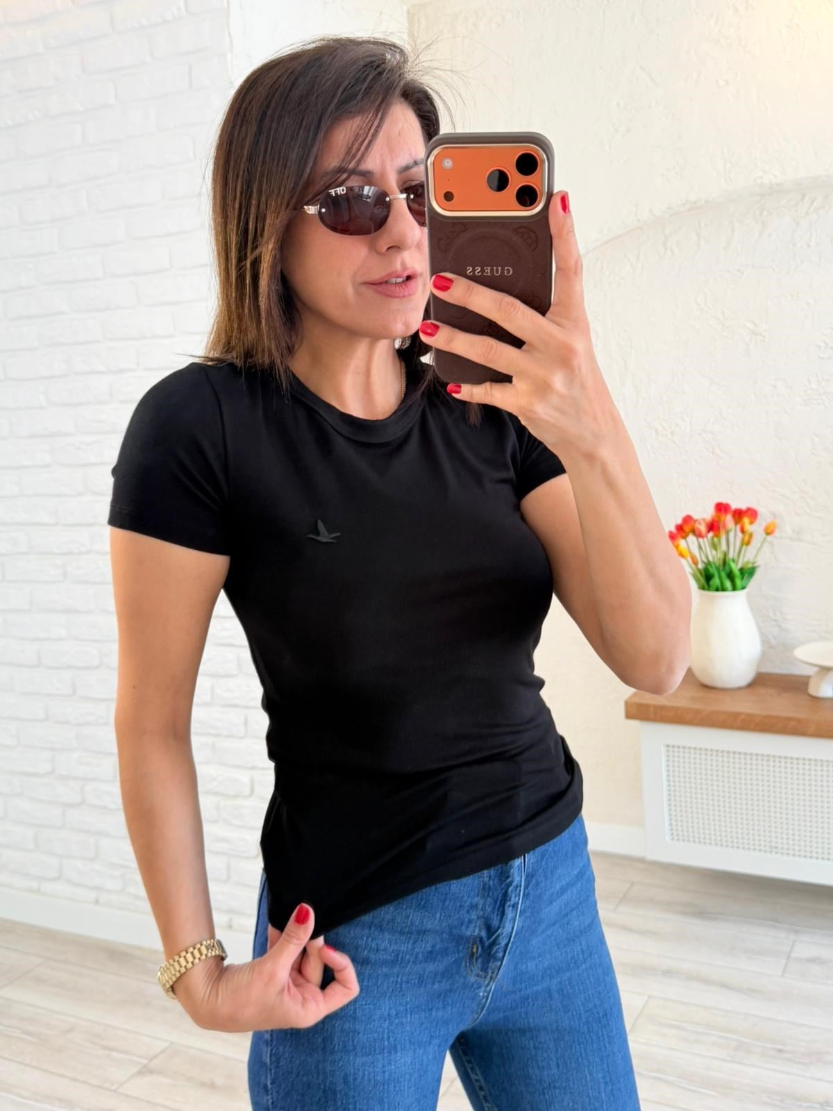 Bisiklet Yaka Kuş Nakışlı Pamuklu Badi Siyah