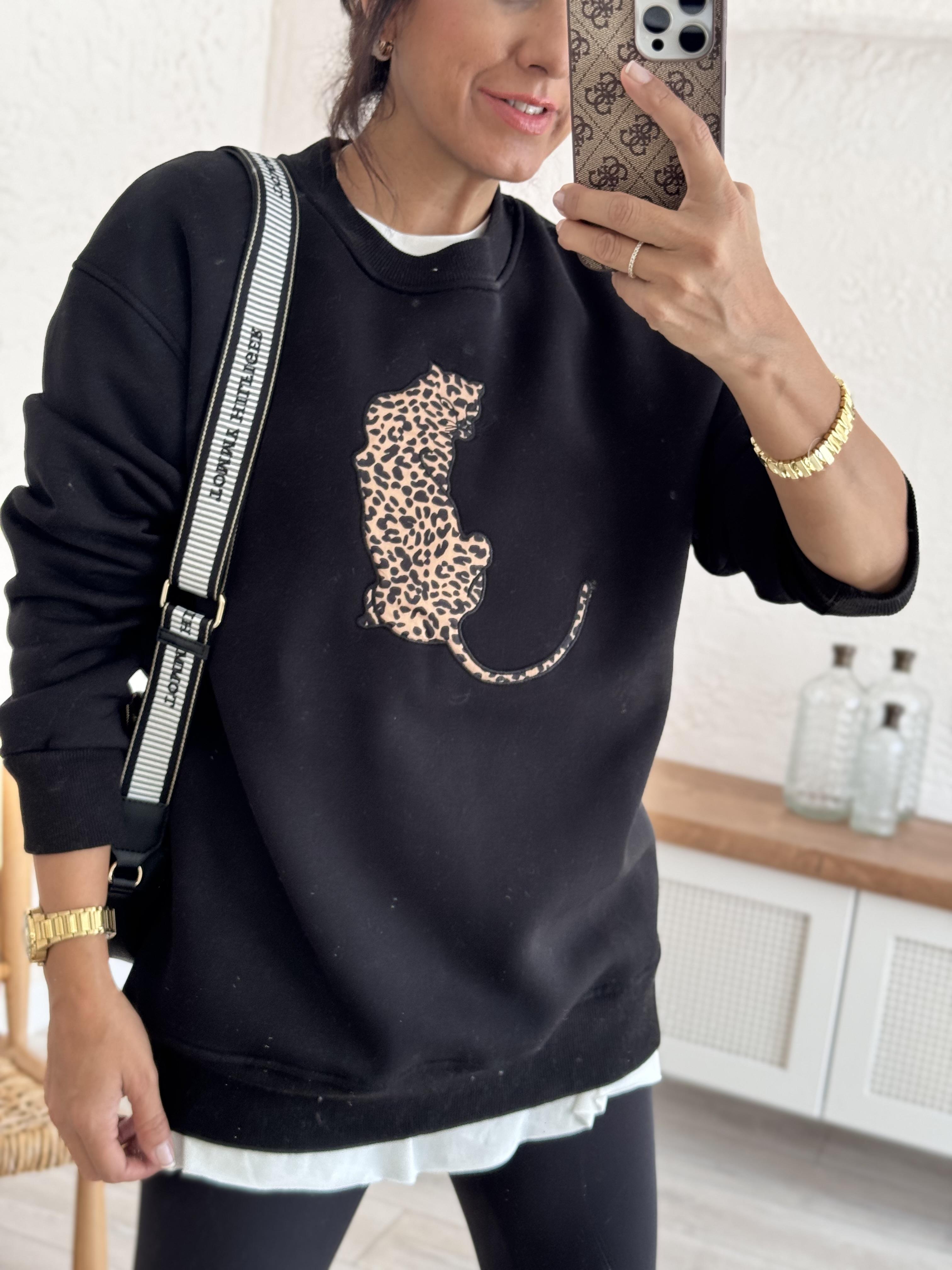 Bisiklet Yaka Leopar Figürlü Sweat Siyah
