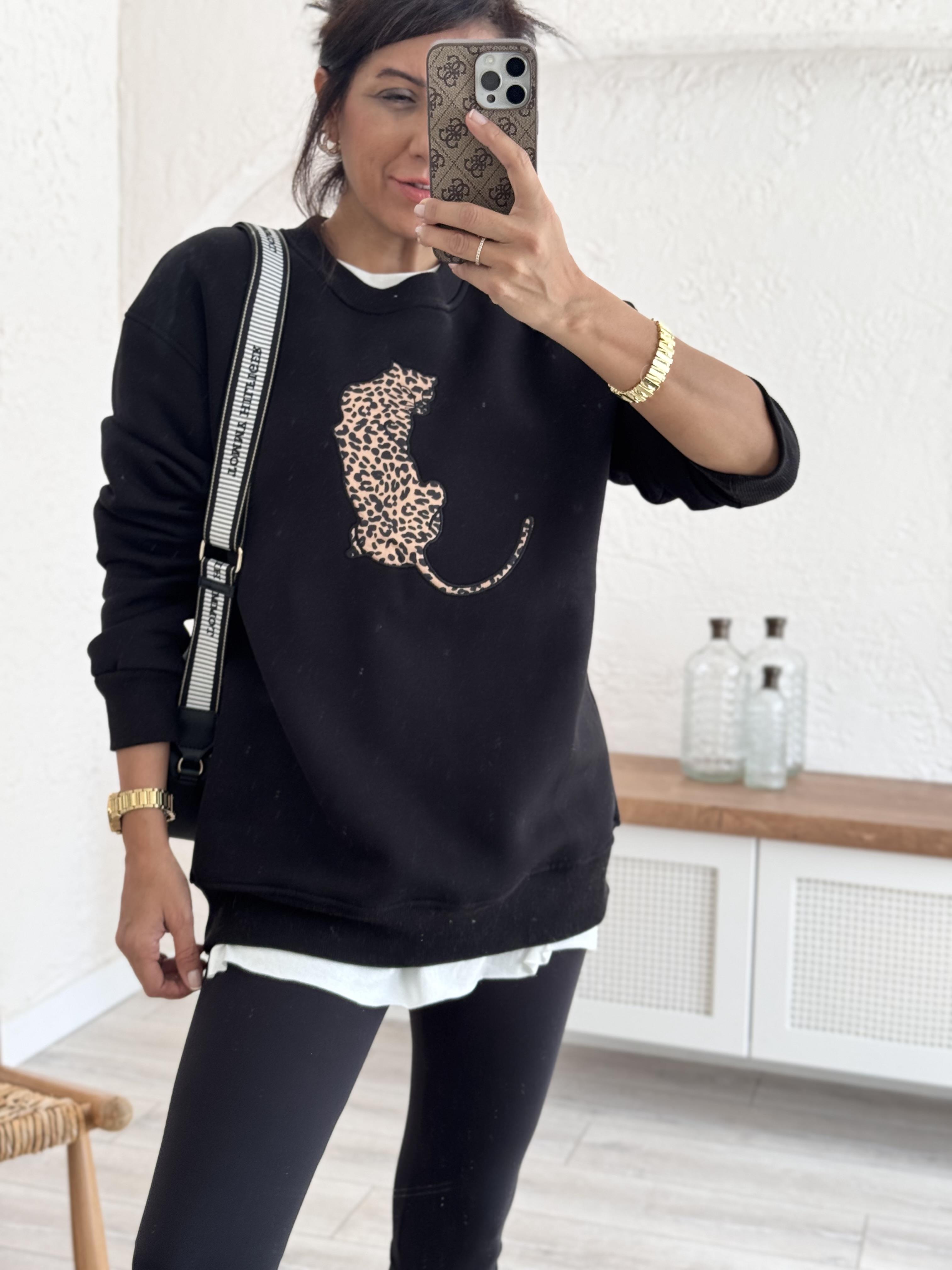 Bisiklet Yaka Leopar Figürlü Sweat Siyah