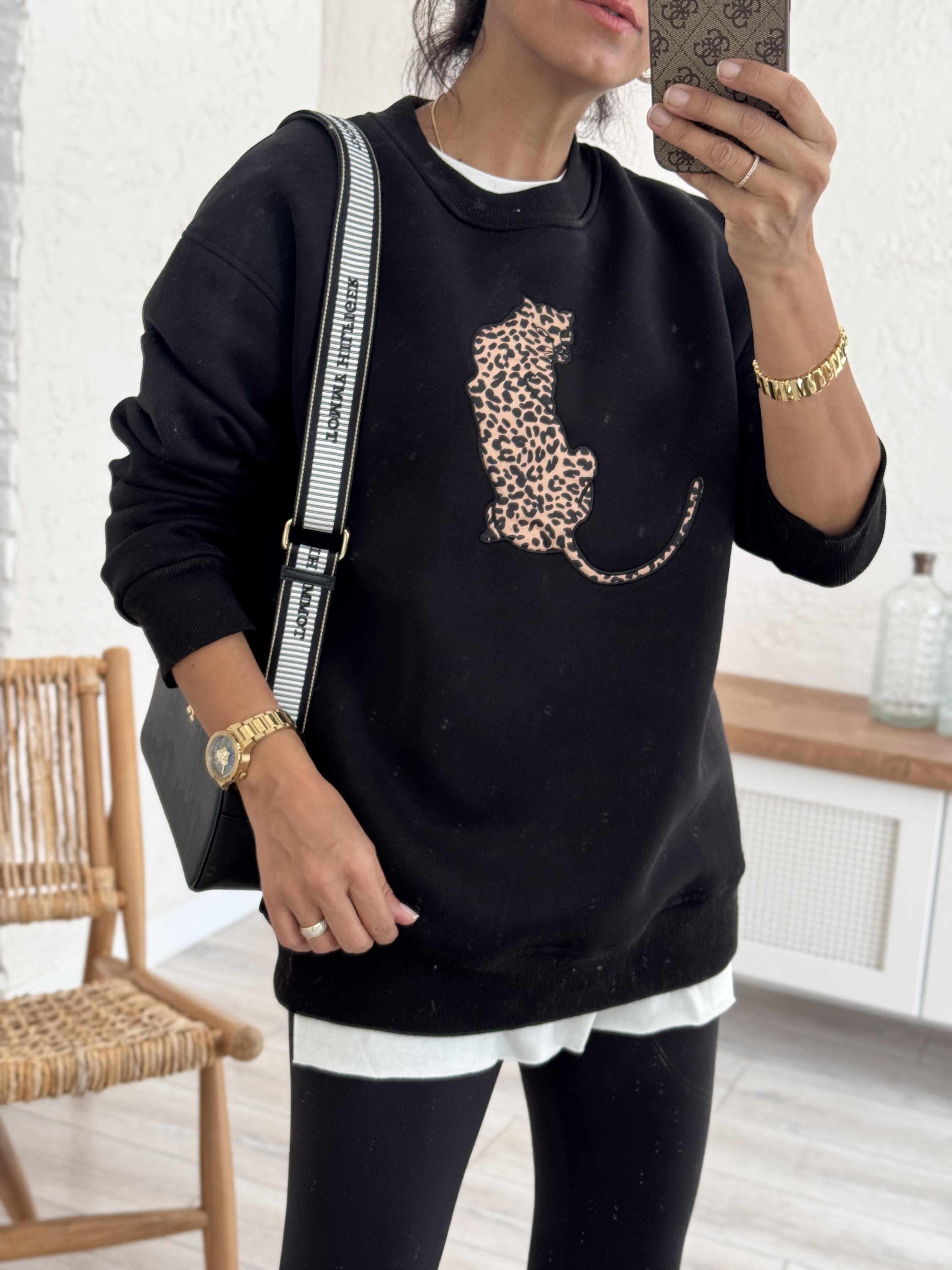 Bisiklet Yaka Leopar Figürlü Sweat Siyah