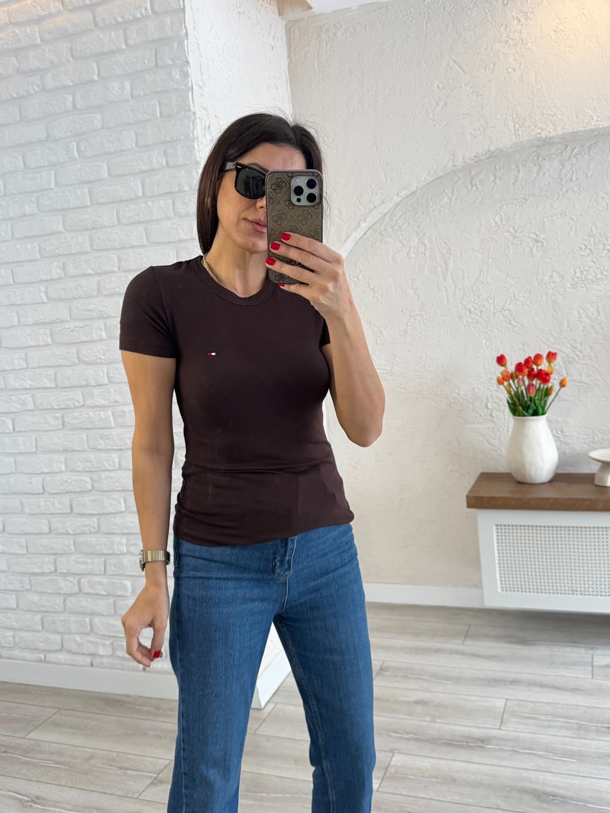 Bisiklet Yaka Nakışlı Pamuklu Badi Tom Kahve
