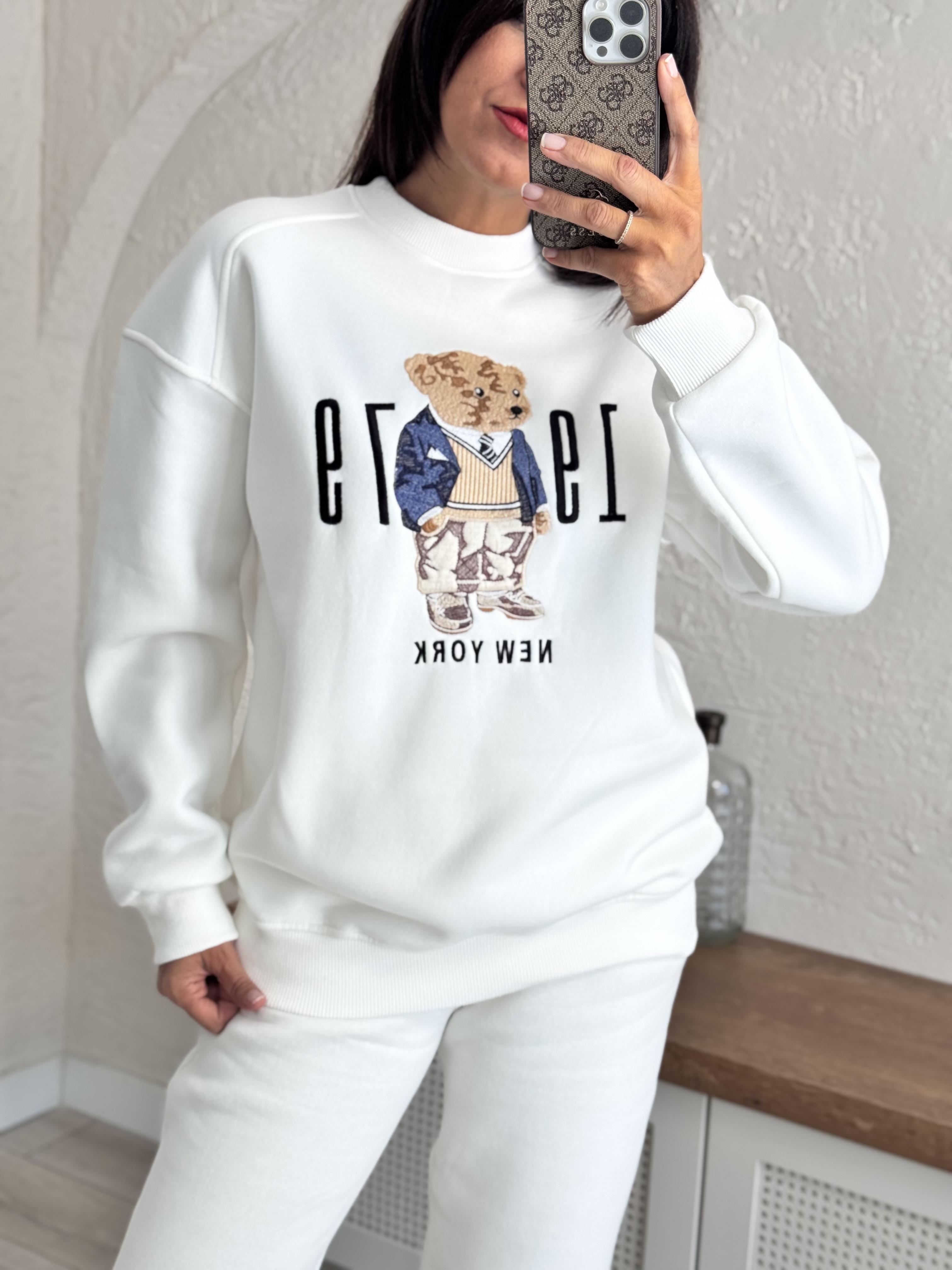 Bisiklet Yaka Newyork Baskı Beyaz Sweat 
