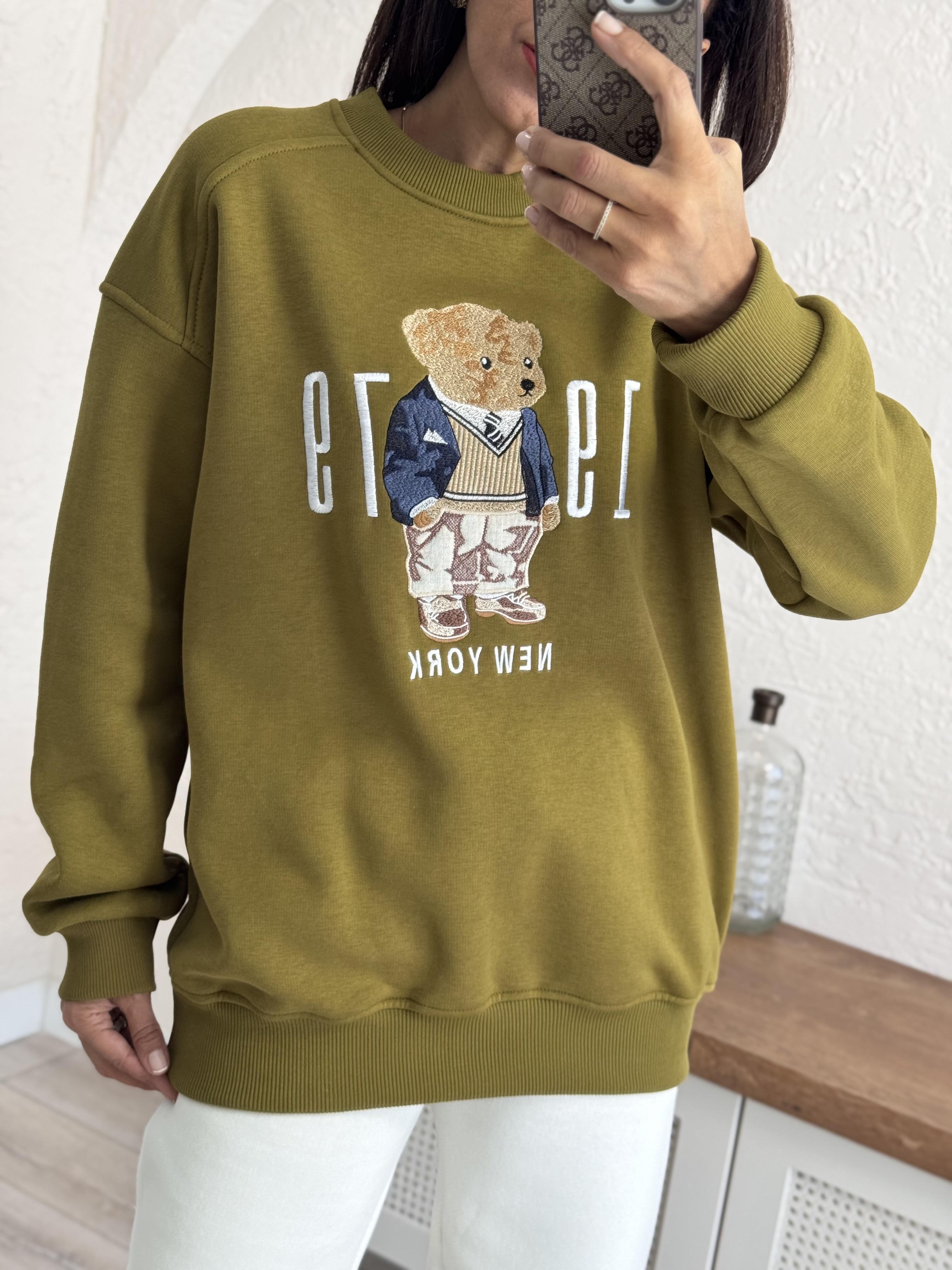 Bisiklet Yaka Newyork Baskı Yağ yeşili Sweat