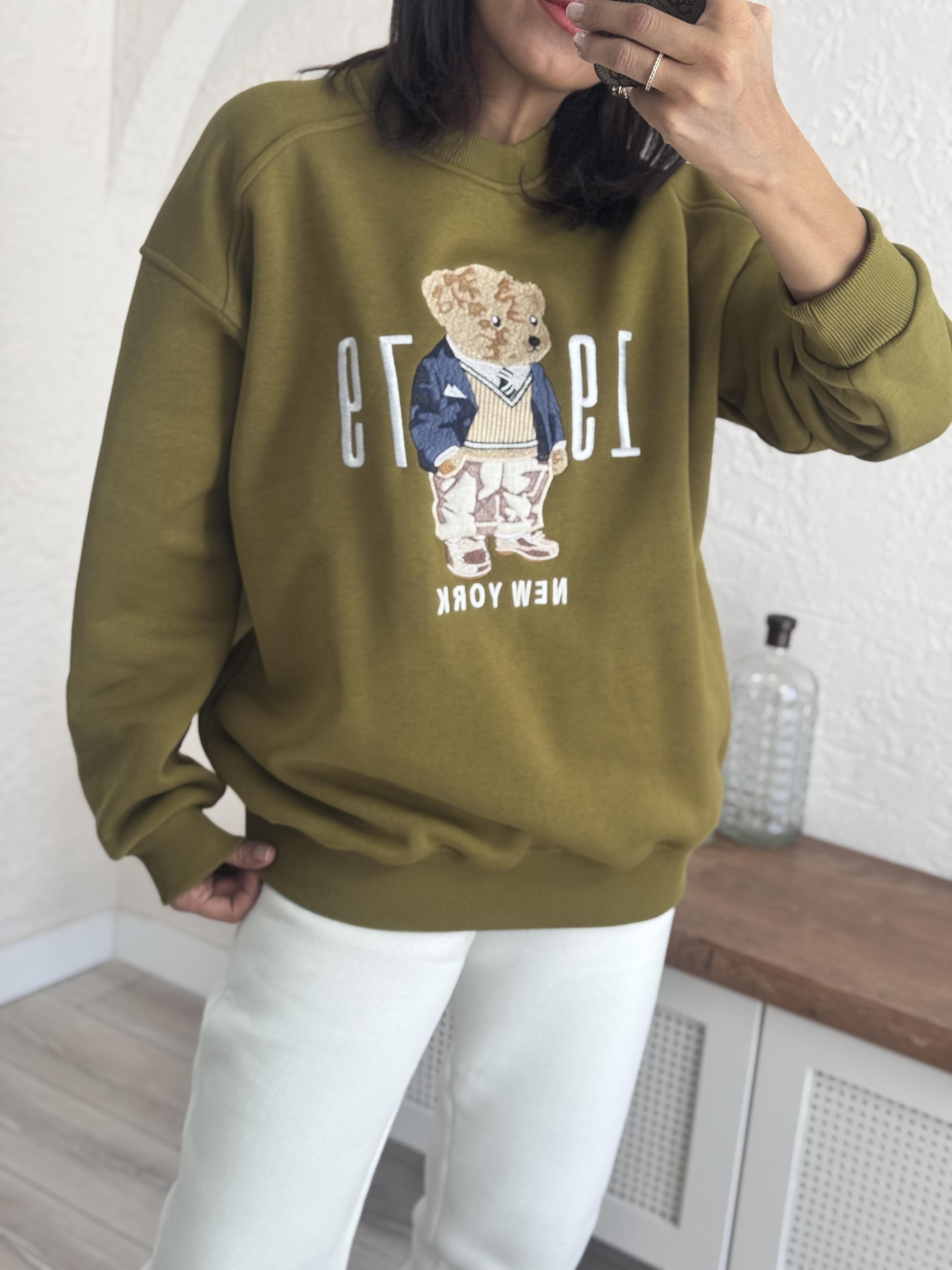 Bisiklet Yaka Newyork Baskı Yağ yeşili Sweat
