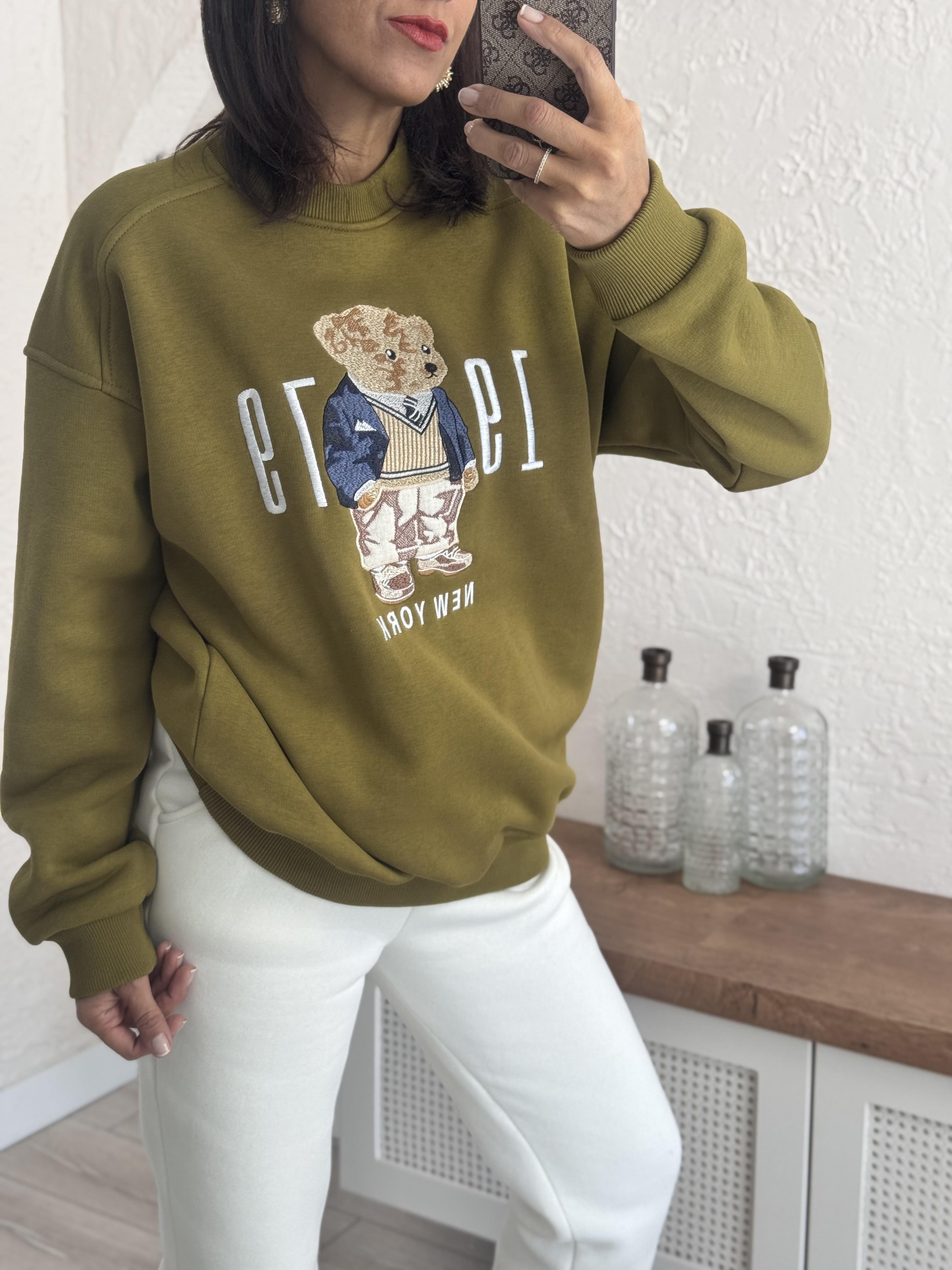 Bisiklet Yaka Newyork Baskı Yağ yeşili Sweat
