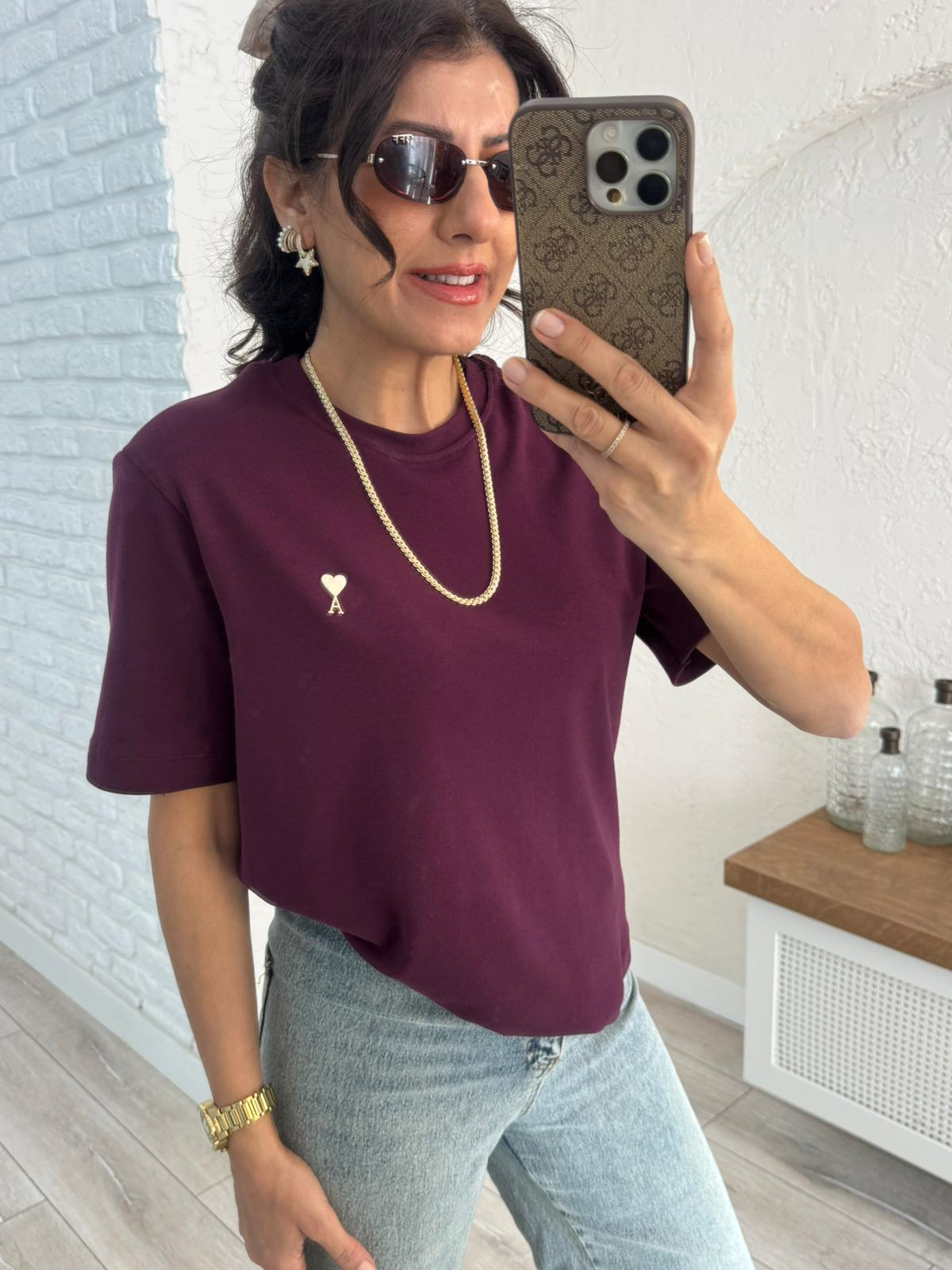 Bisiklet yaka Ön amblemli tshirt Bordo