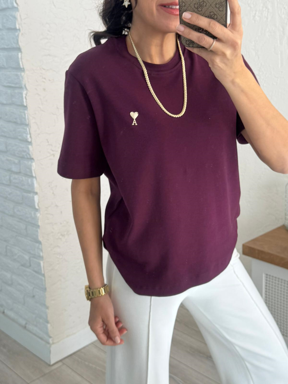 Bisiklet yaka Ön amblemli tshirt Bordo
