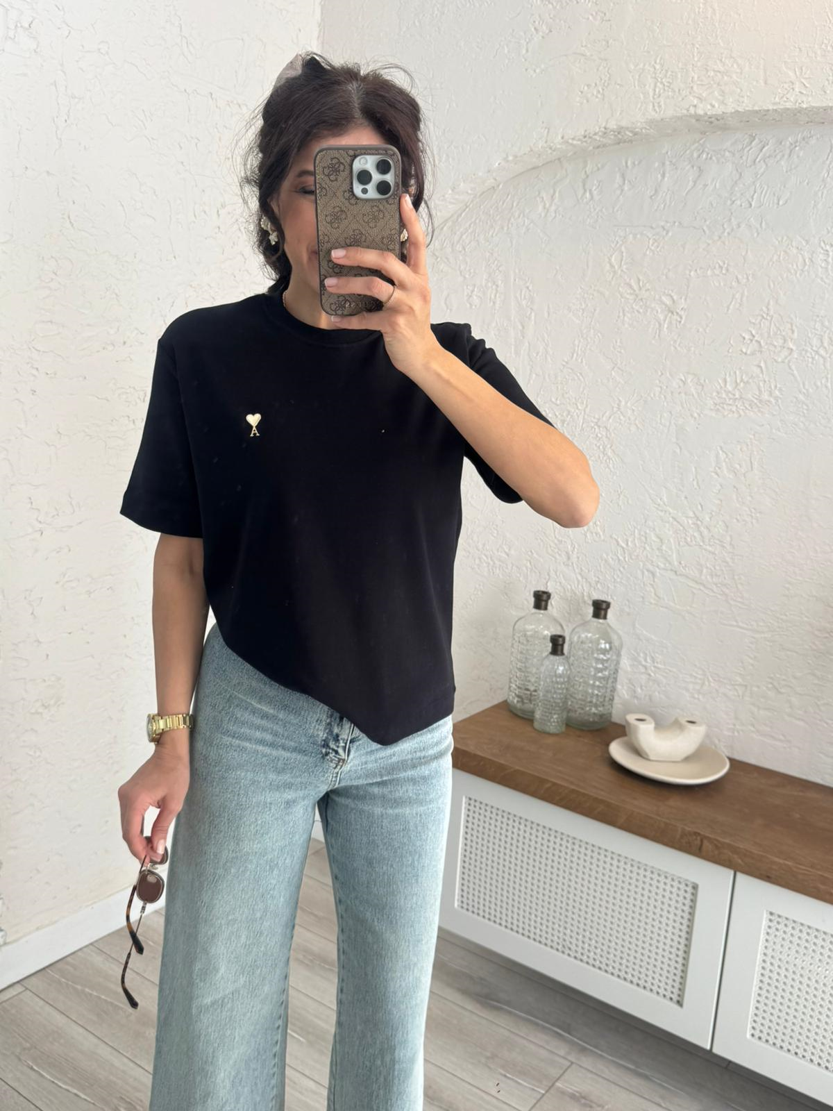 Bisiklet yaka Ön amblemli tshirt Siyah